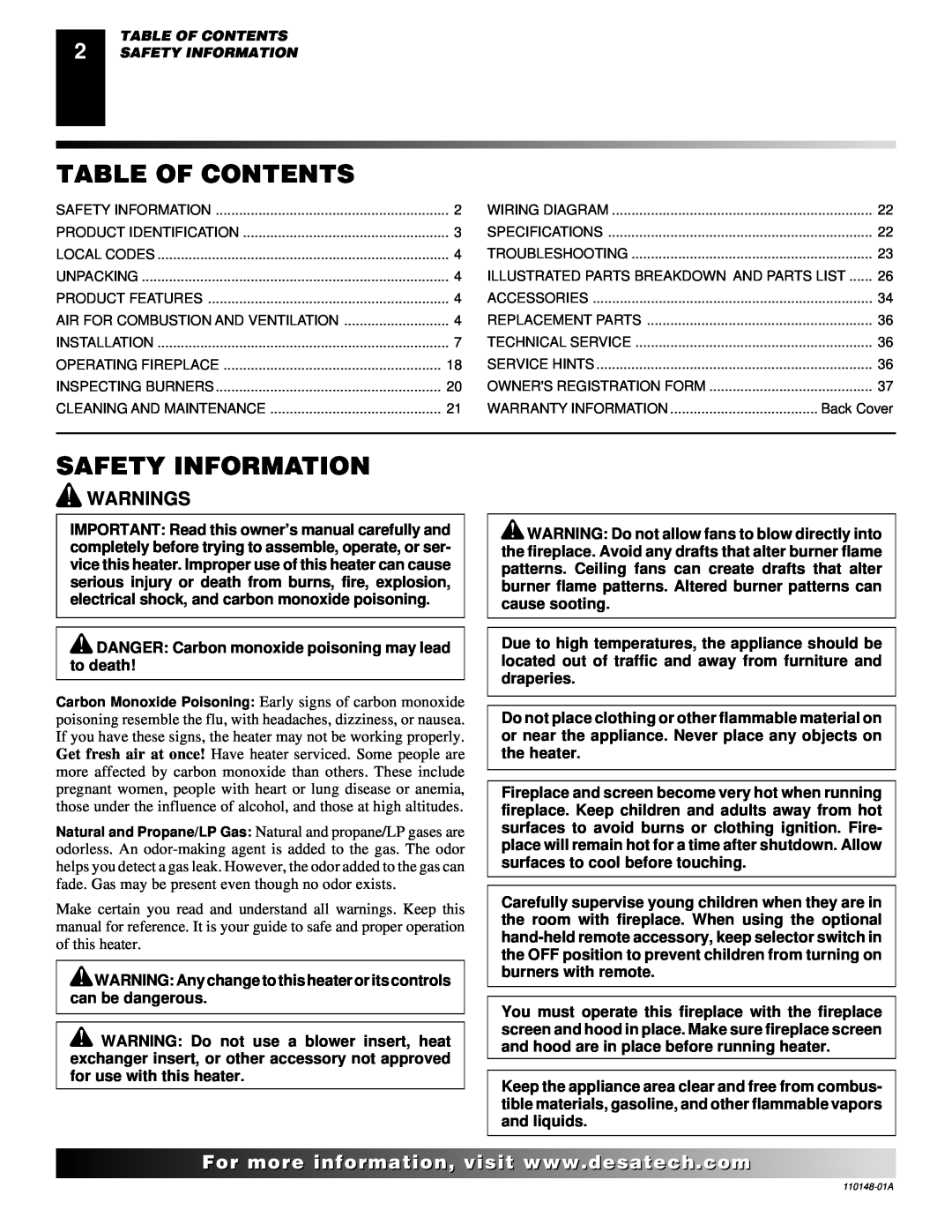 Desa VYGF33PRB, VYGF33NRB, FPVF33PRA, FPVF33NRA installation manual Table Of Contents, Safety Information, Warnings 