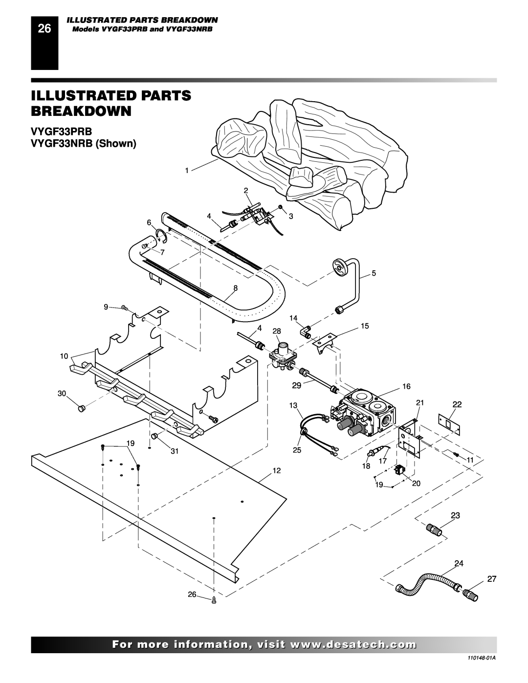 Desa VYGF33PRB, VYGF33NRB, FPVF33PRA, FPVF33NRA installation manual Illustrated Parts Breakdown, VYGF33PRB VYGF33NRB Shown 
