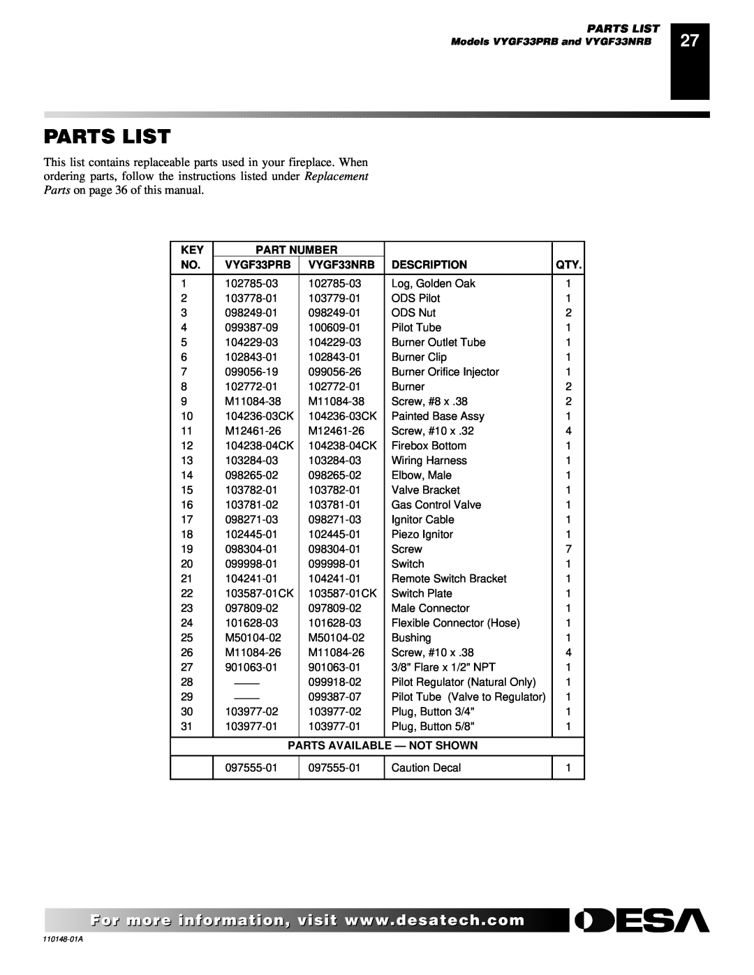 Desa VYGF33NRB installation manual Parts List, Part Number, VYGF33PRB, Description, Parts Available - Not Shown 