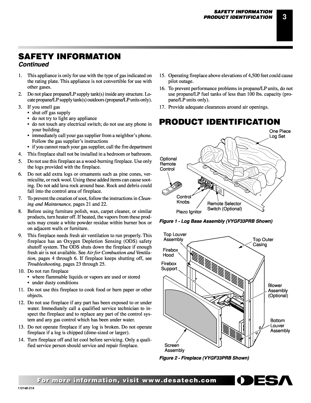 Desa VYGF33NRB, VYGF33PRB Product Identification, Continued, ing and Maintenance, pages 21 and, Safety Information 
