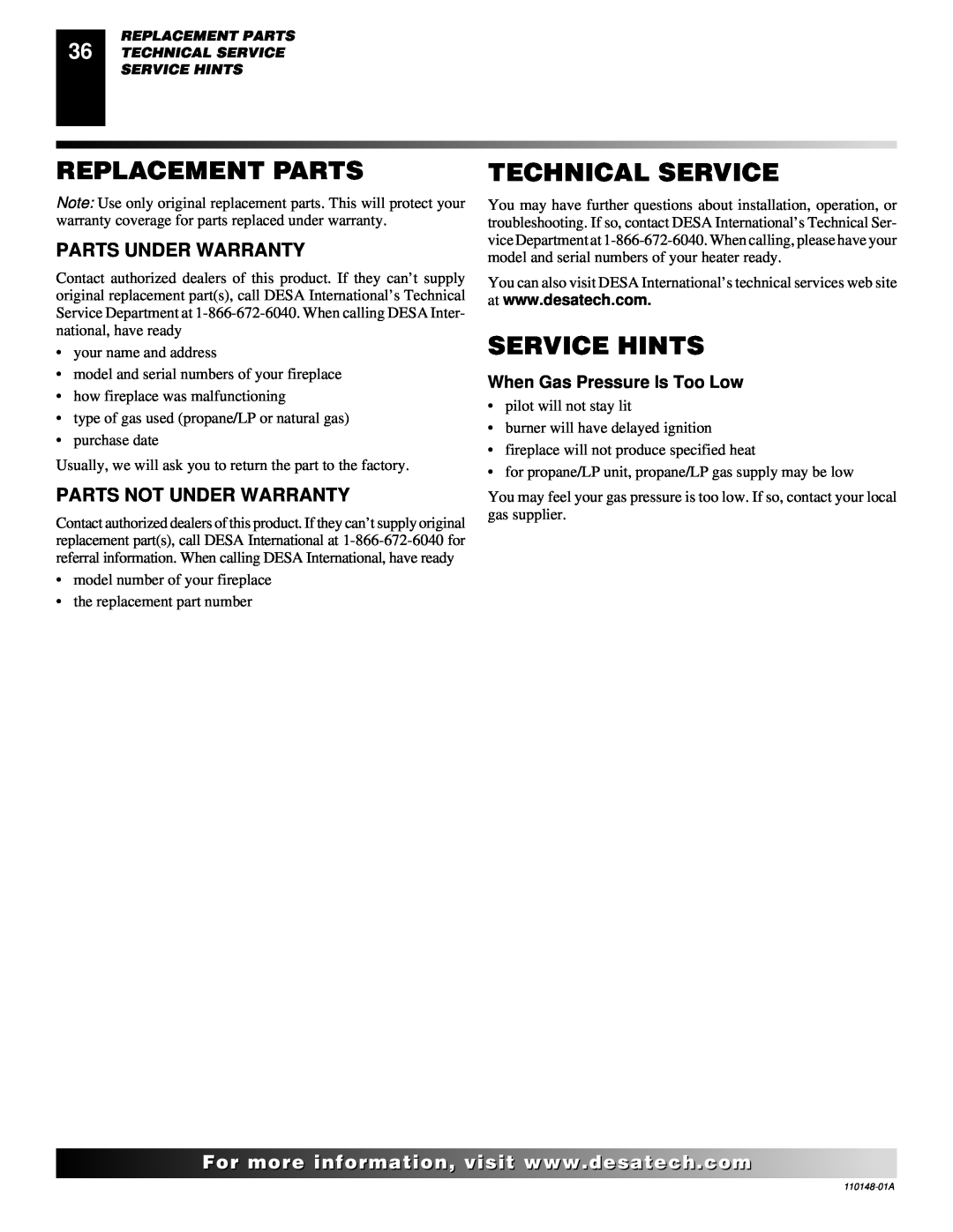 Desa VYGF33NRB Replacement Parts, Technical Service, Service Hints, Parts Under Warranty, Parts Not Under Warranty 