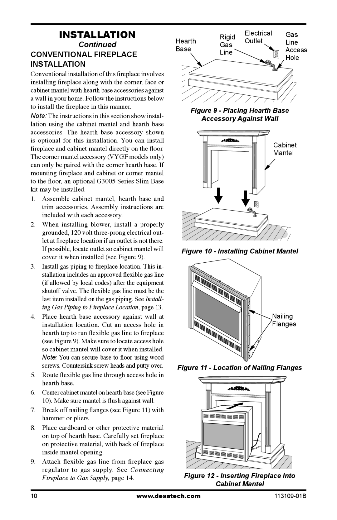 Desa VYGF33PRC installation manual Conventional Fireplace Installation, Placing Hearth Base Accessory Against Wall 