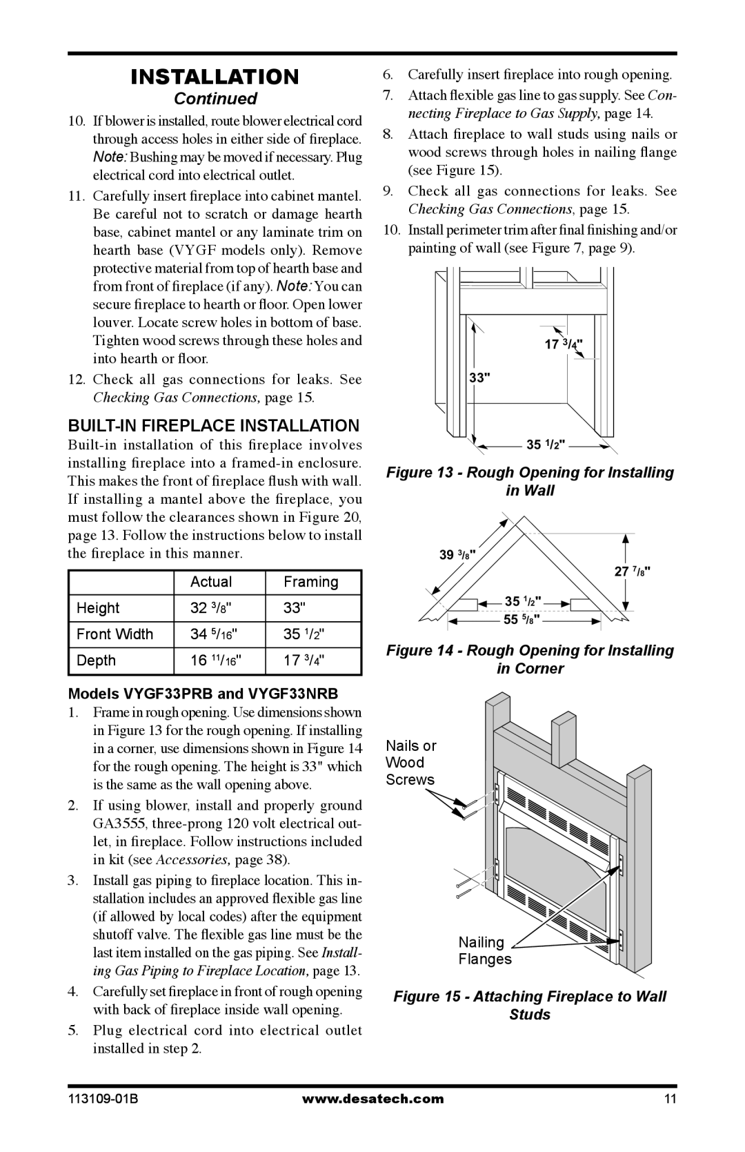 Desa VYGF33PRC installation manual BUILT-IN Fireplace Installation, Models VYGF33PRB and VYGF33NRB 