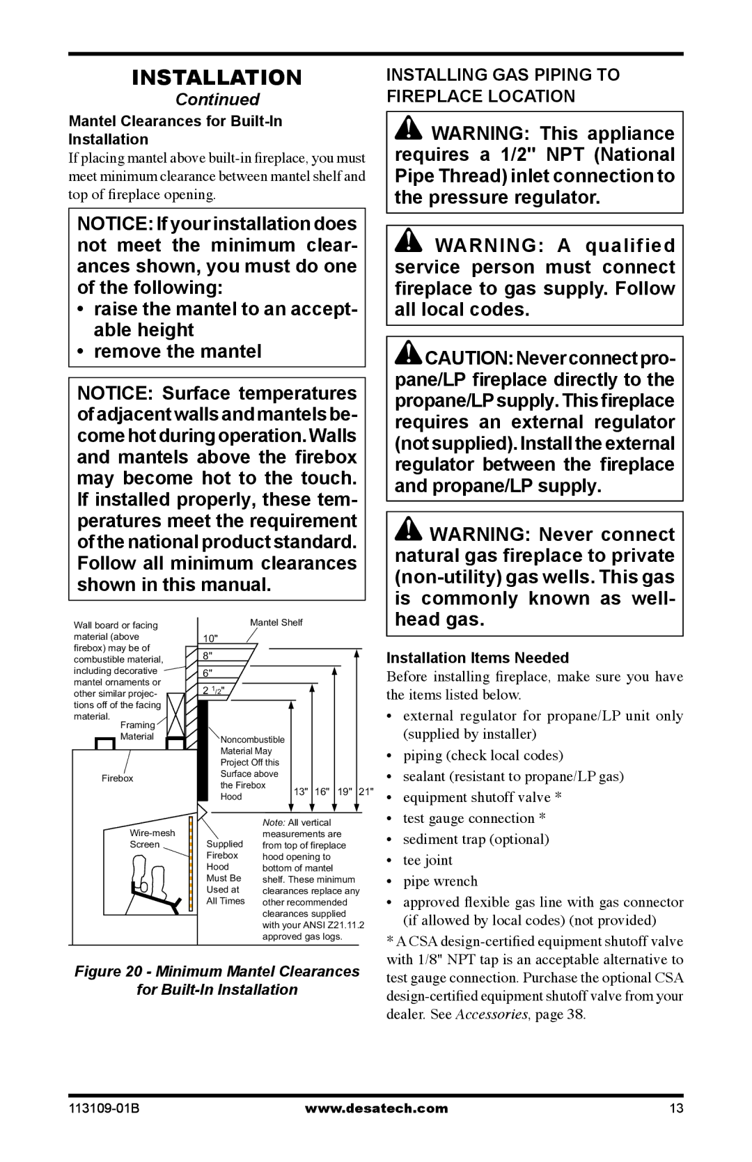 Desa VYGF33PRC installation manual Installing GAS Piping to Fireplace Location, Mantel Clearances for Built-In Installation 