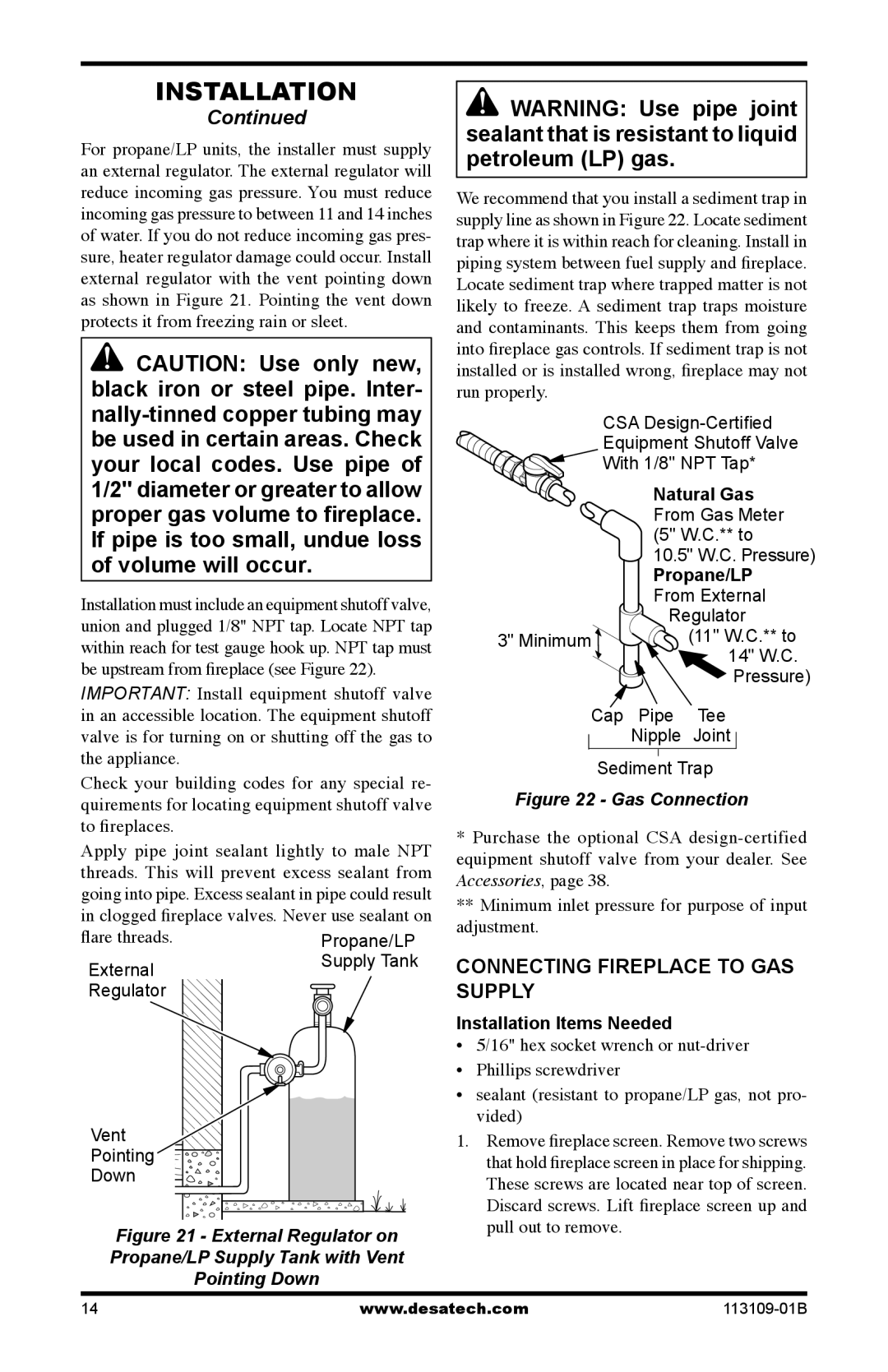 Desa VYGF33PRC installation manual Connecting Fireplace to GAS Supply, Natural Gas, Propane/LP 