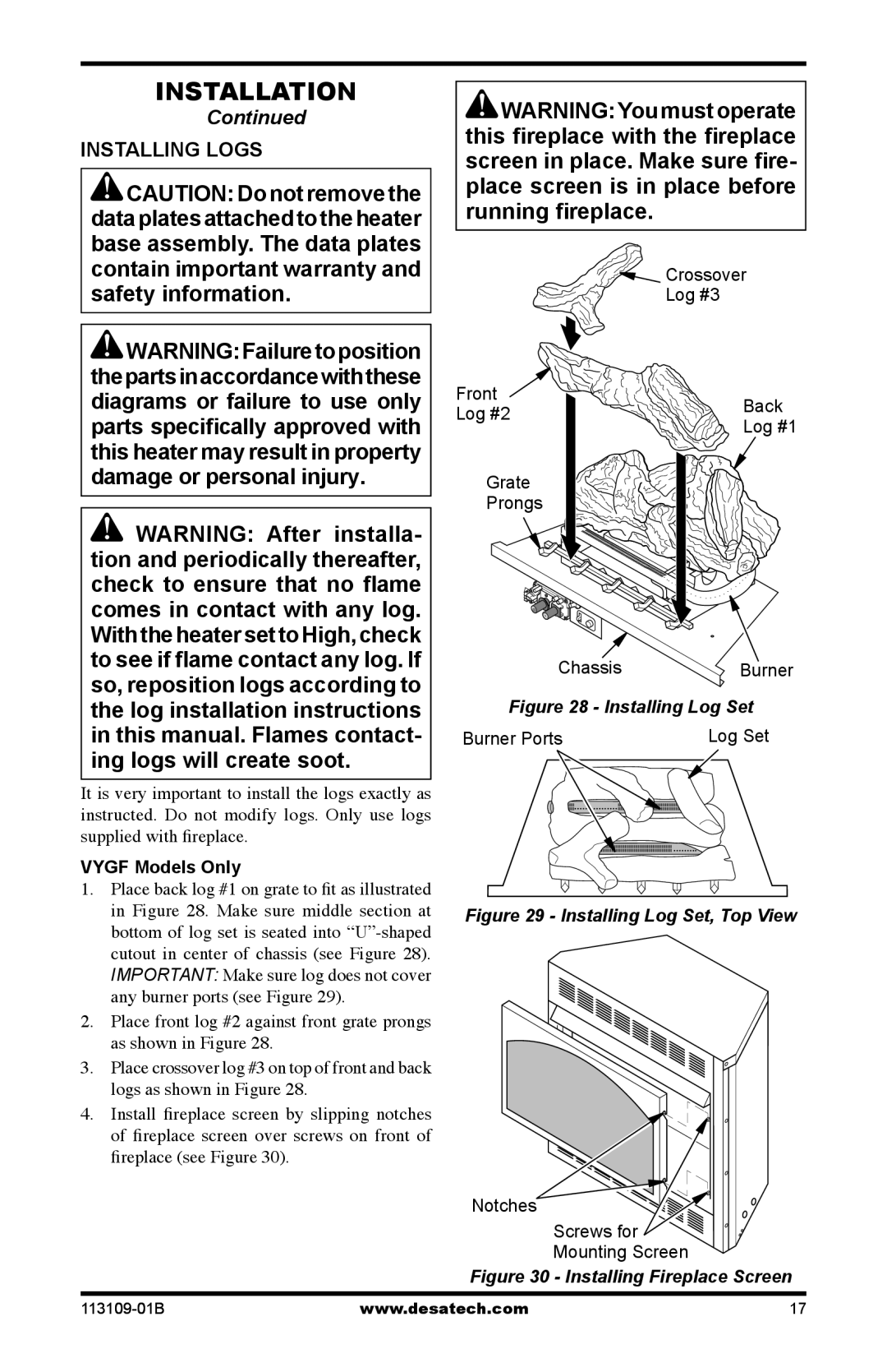 Desa VYGF33PRC installation manual Installing Logs, Vygf Models Only 