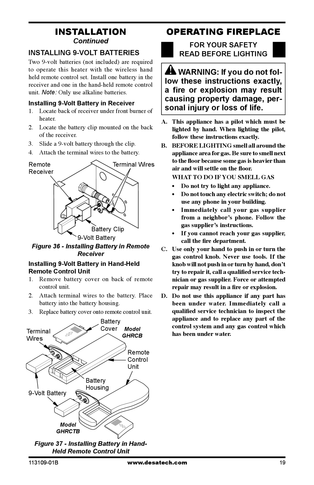 Desa VYGF33PRC installation manual Operating Fireplace, Installing 9-VOLT Batteries, For Your Safety Read Before Lighting 