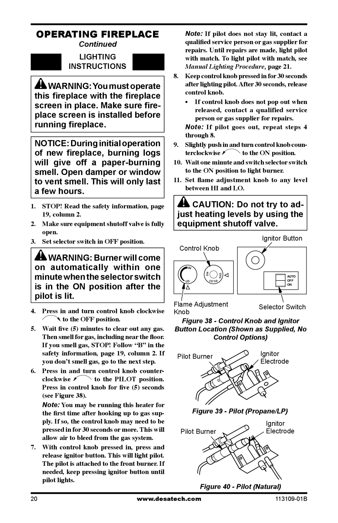 Desa VYGF33PRC installation manual Lighting Instructions, Pilot Propane/LP 