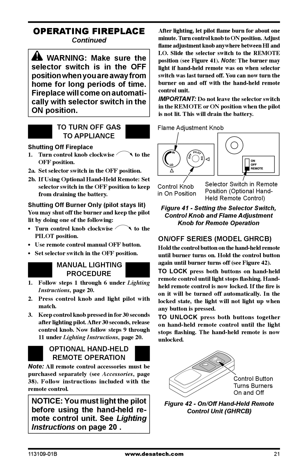 Desa VYGF33PRC To Turn OFF GAS To Appliance, Manual Lighting Procedure, Optional HAND-HELD Remote Operation 