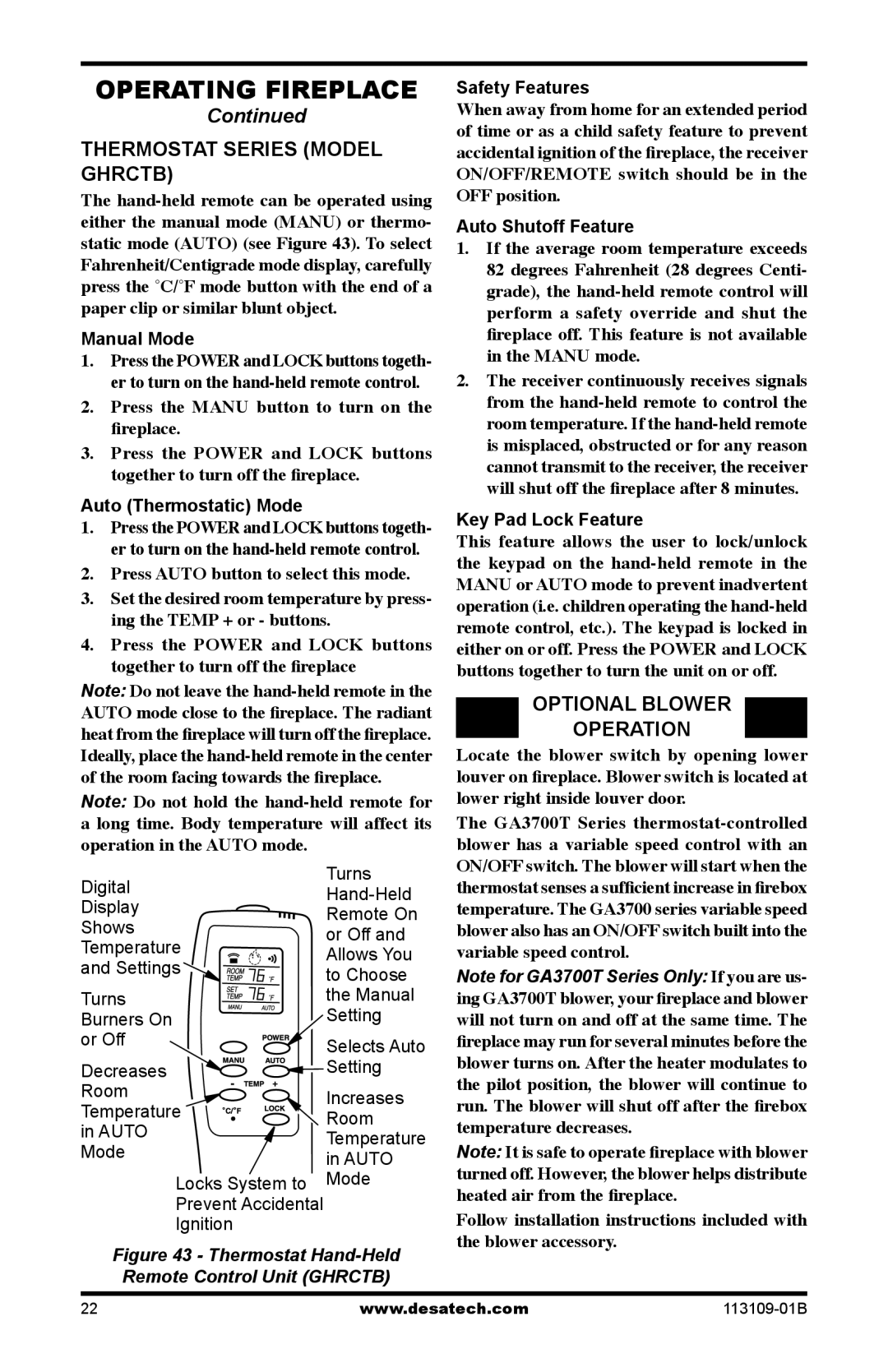 Desa VYGF33PRC installation manual Thermostat Series Model Ghrctb, Optional Blower Operation 