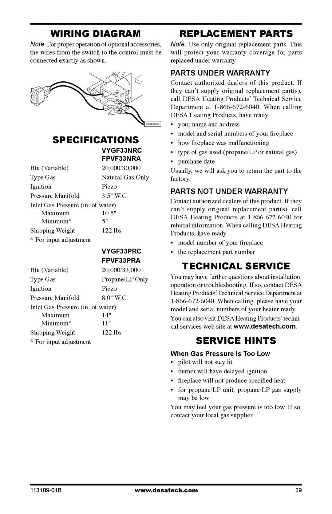 Desa VYGF33PRC installation manual Wiring Diagram, Specifications, Replacement Parts, Technical Service, Service Hints 