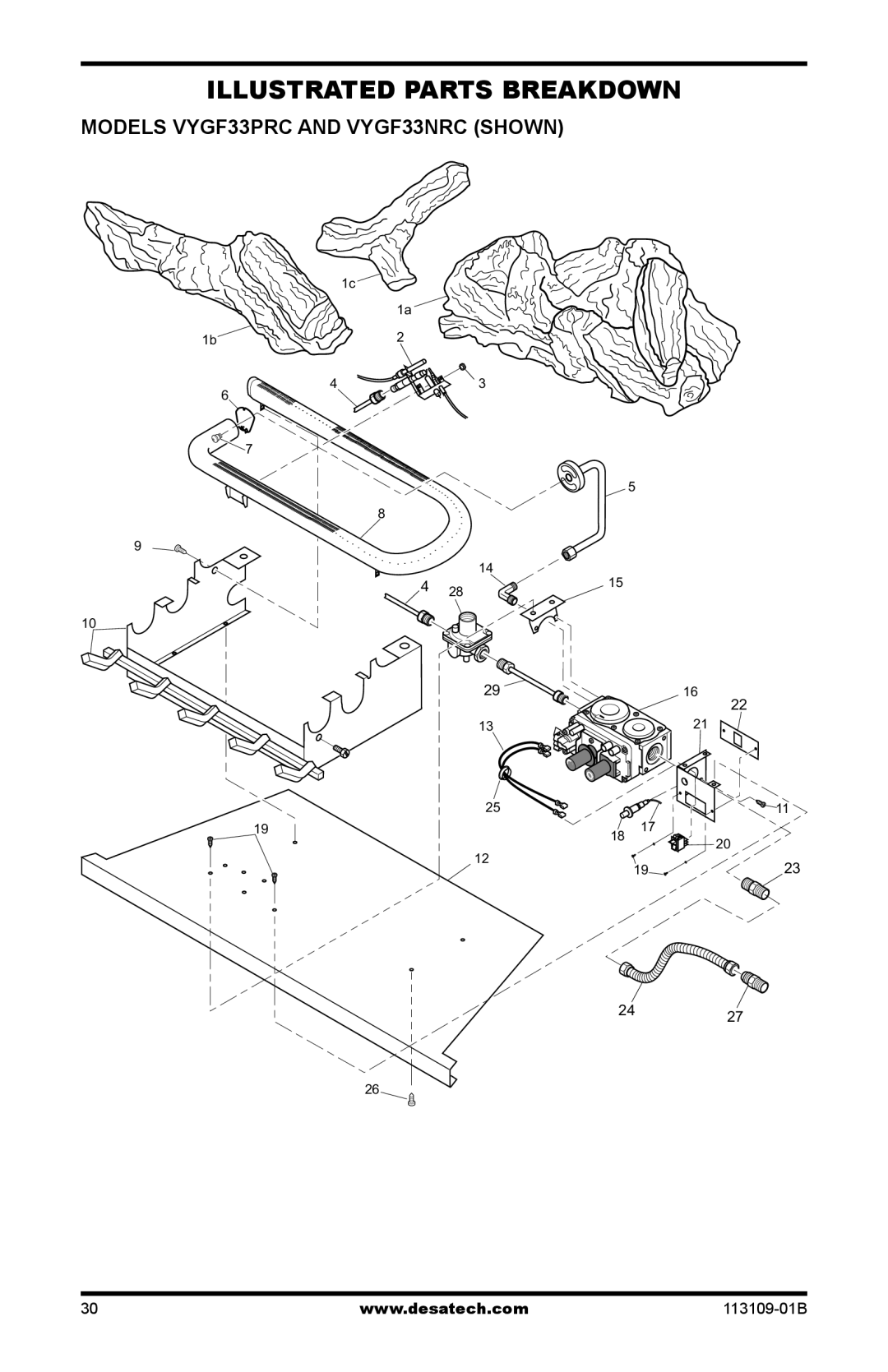 Desa installation manual Illustrated Parts Breakdown, Models VYGF33PRC and VYGF33NRC Shown 