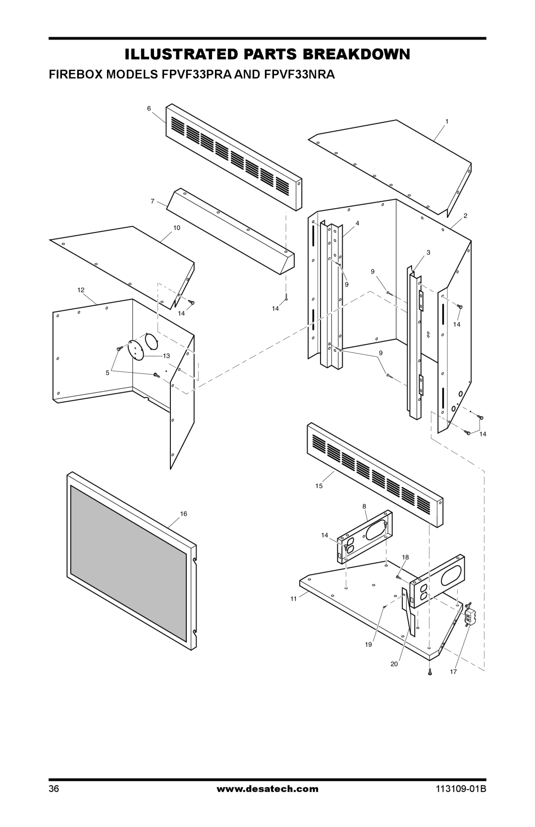 Desa VYGF33PRC installation manual Firebox Models FPVF33PRA and FPVF33NRA 