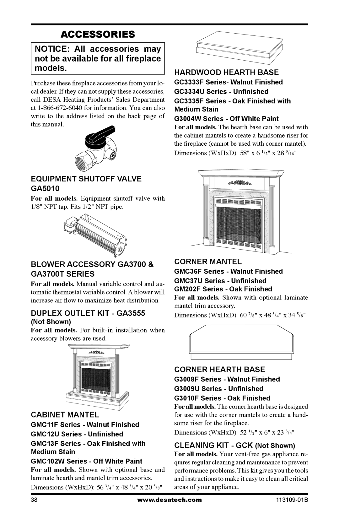 Desa VYGF33PRC installation manual Accessories 