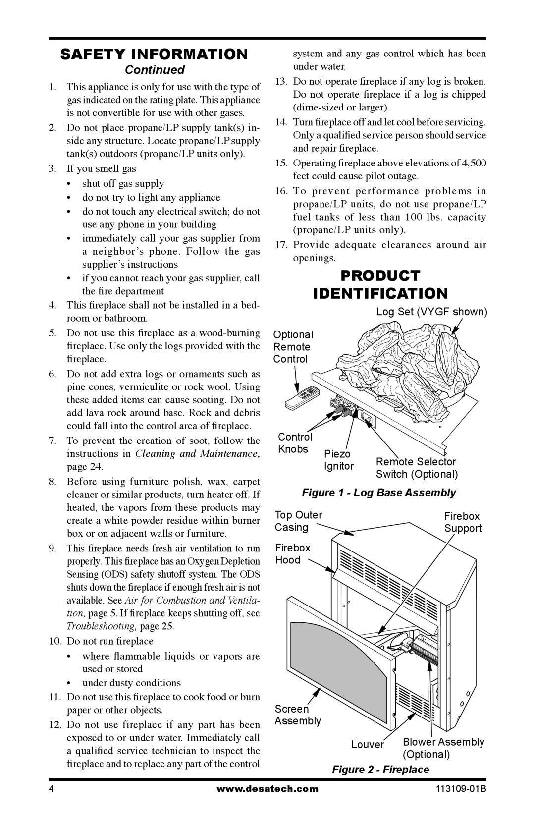 Desa VYGF33PRC installation manual Product Identification, Log Base Assembly 