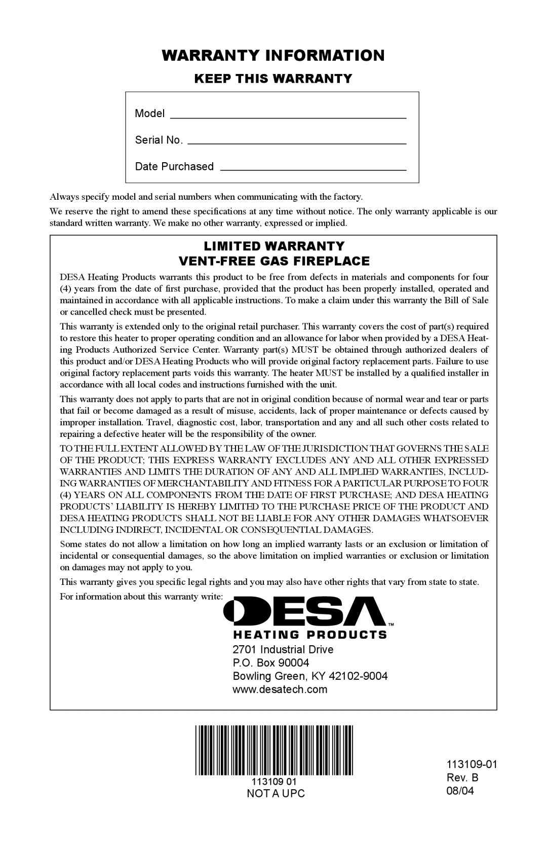 Desa VYGF33PRC installation manual Warranty Information, Keep this Warranty, Limited Warranty VENT-FREE GAS Fireplace 