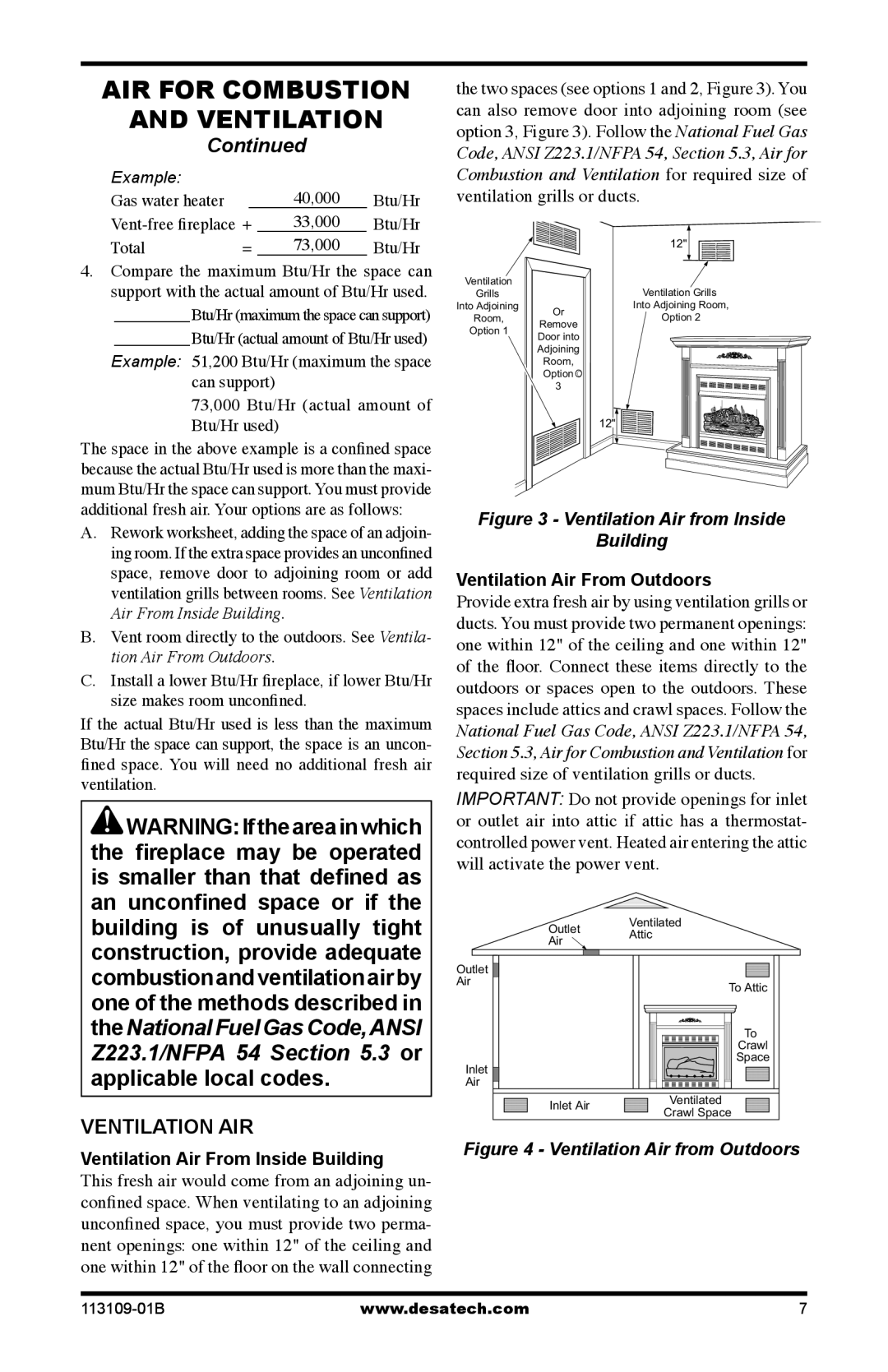 Desa VYGF33PRC installation manual Ventilation AIR, Ventilation Air From Inside Building, Ventilation Air From Outdoors 