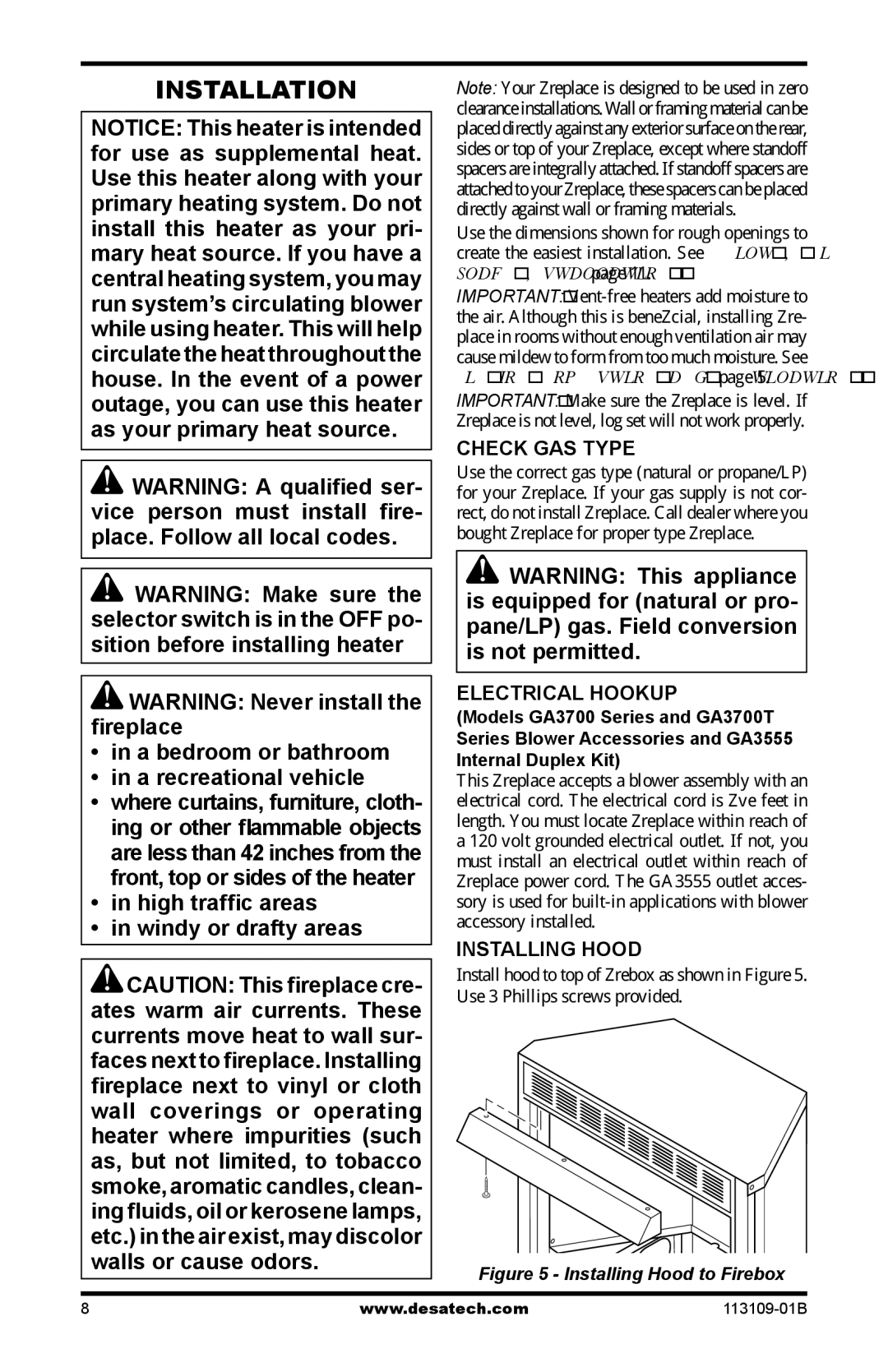 Desa VYGF33PRC installation manual Installation, Check GAS Type, Electrical Hookup, Installing Hood 