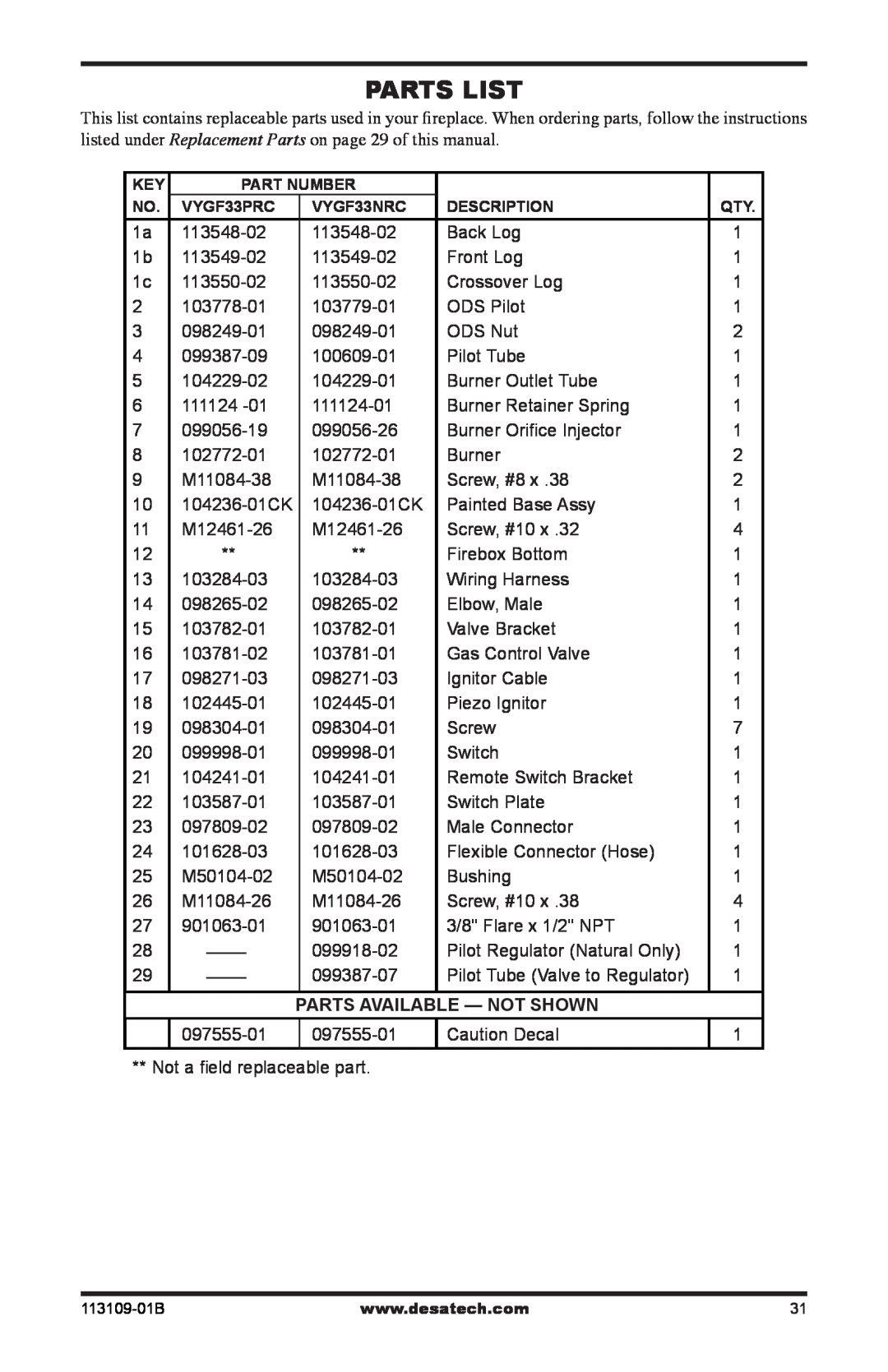 Desa VYGF33PRC installation manual Parts List, Not Shown 