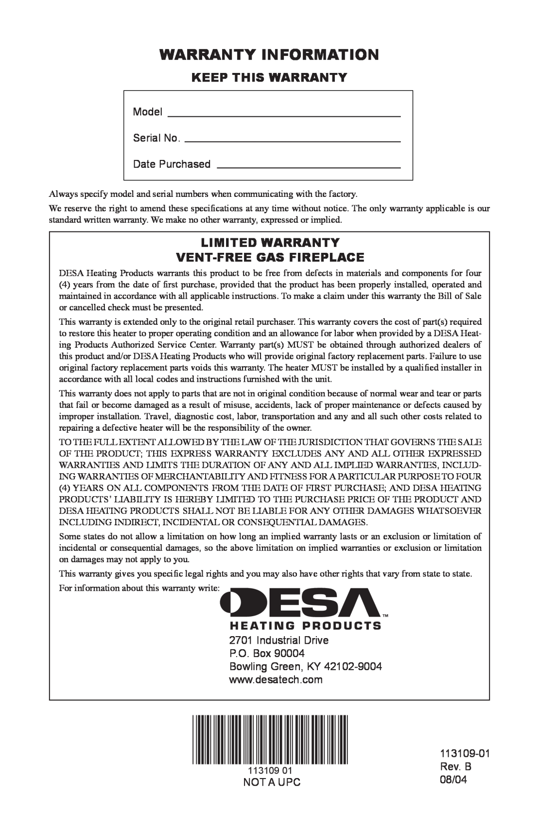 Desa VYGF33PRC installation manual Warranty Information, Keep This Warranty, Limited Warranty Vent-Freegas Fireplace 