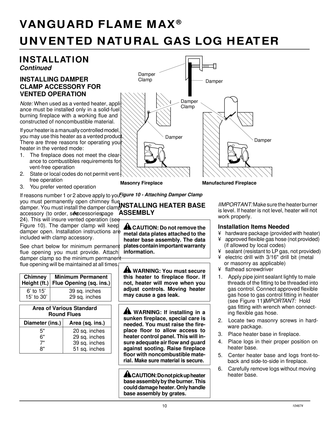 Desa VYM27NR installation manual Installing Damper Clamp Accessory for Vented Operation, Installing Heater Base Assembly 