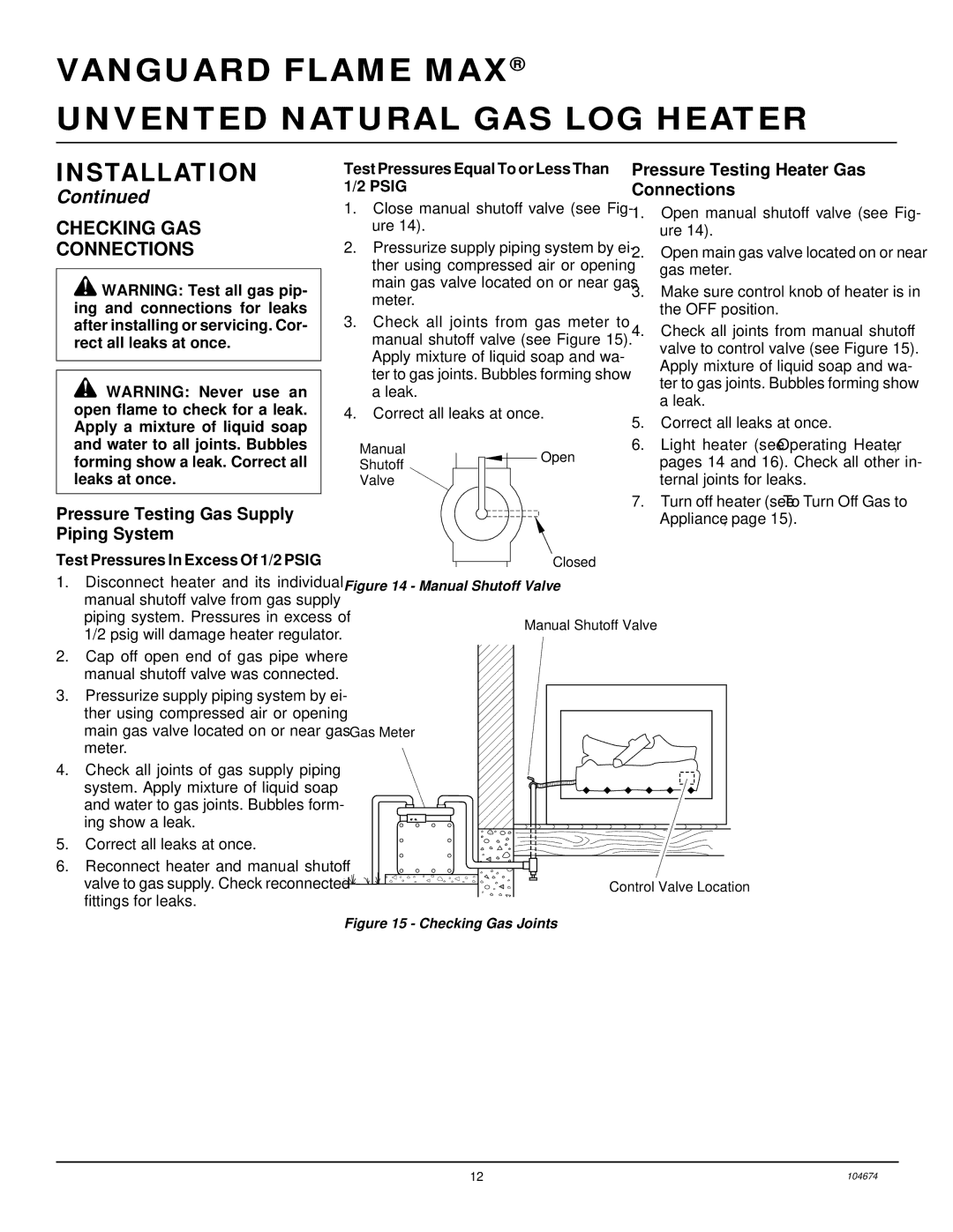 Desa VYM27NR Checking GAS Connections, Pressure Testing Gas Supply Piping System, Pressure Testing Heater Gas Connections 