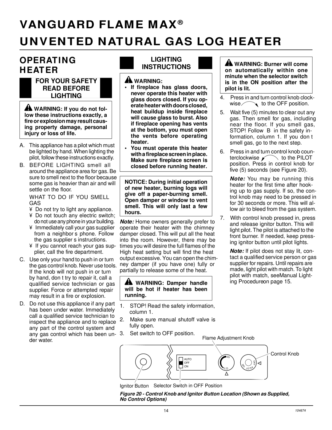 Desa VYM27NR installation manual Operating Heater, For Your Safety Read Before Lighting, Instructions 