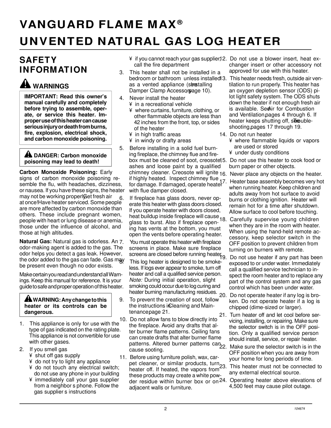 Desa VYM27NR installation manual Vanguard Flame MAX Unvented Natural GAS LOG Heater, Safety Information 