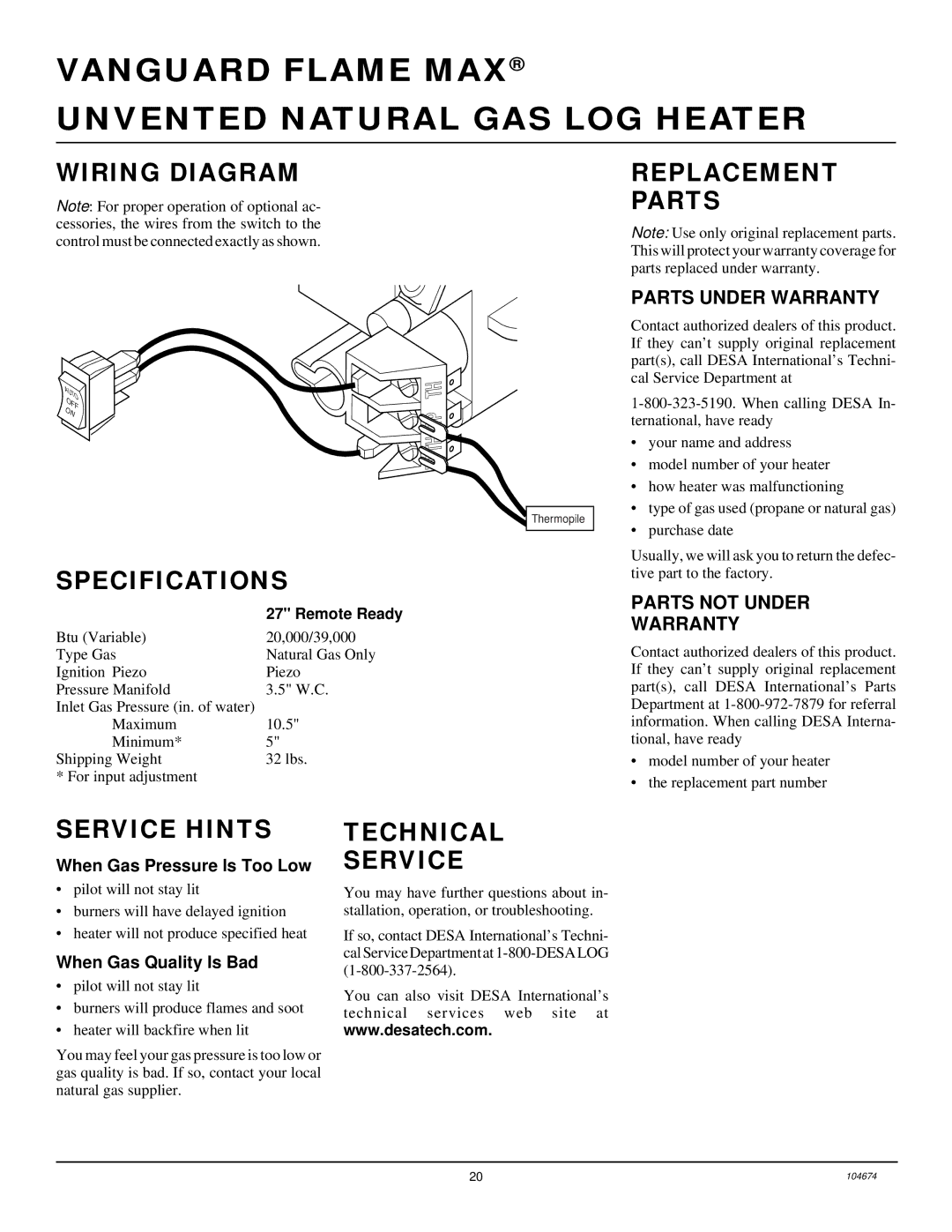 Desa VYM27NR installation manual Wiring Diagram Replacement Parts, Specifications, Service Hints, Technical Service 