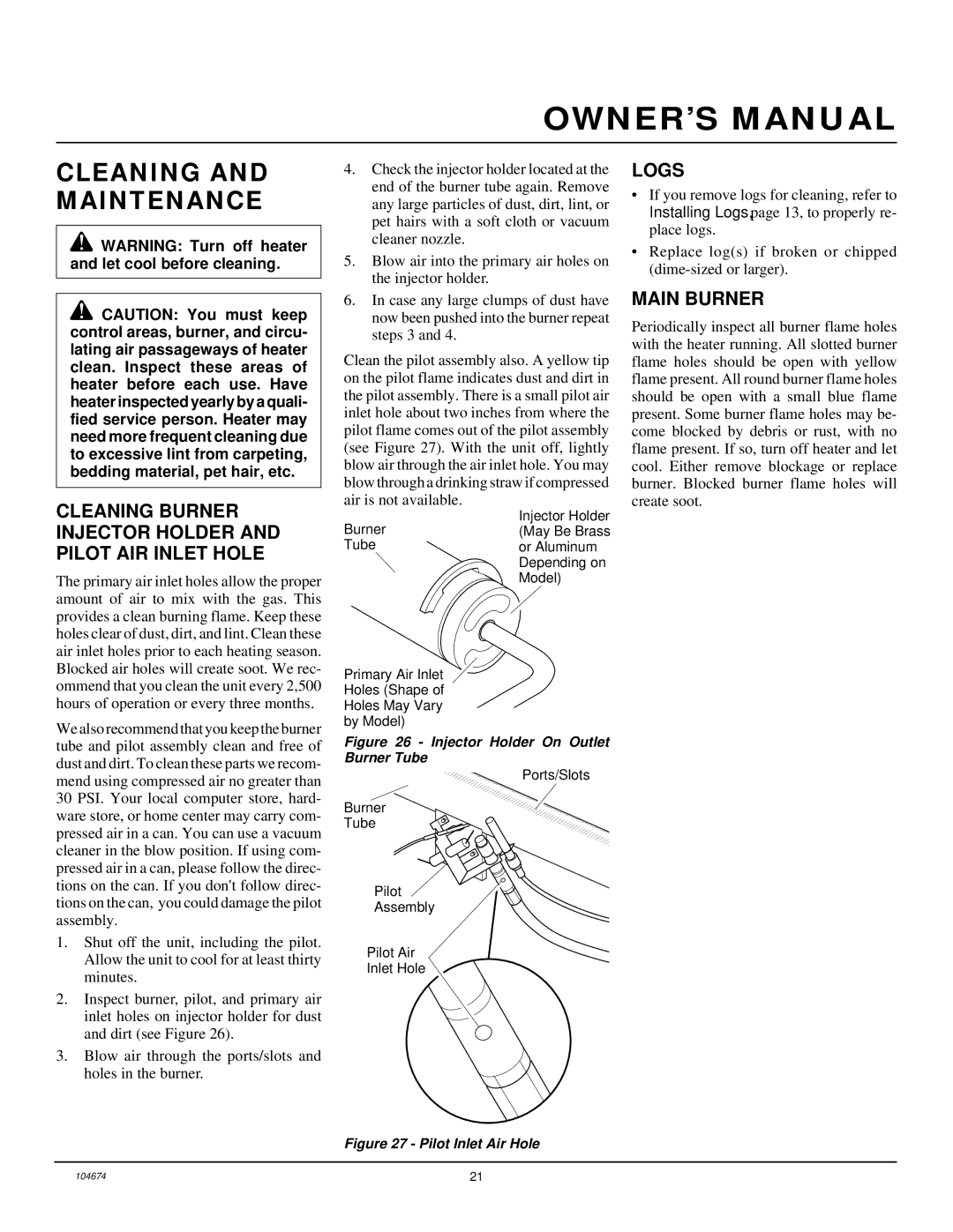 Desa VYM27NR installation manual Cleaning and Maintenance, Cleaning Burner Injector Holder and Pilot AIR Inlet Hole, Logs 