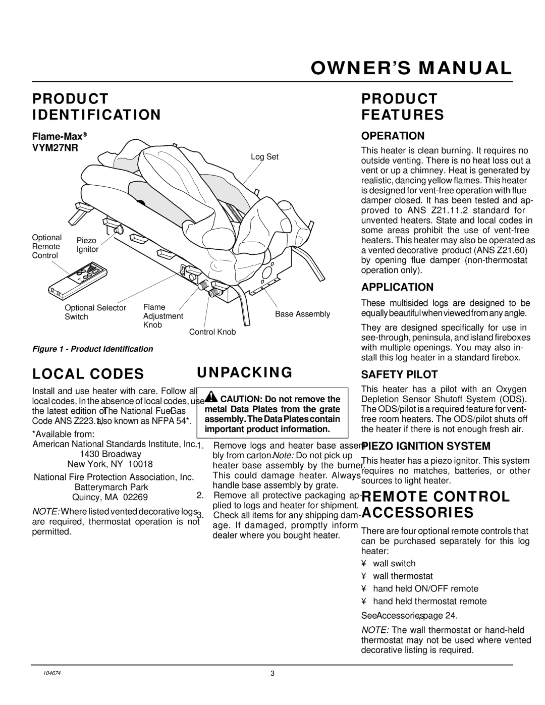 Desa VYM27NR Product Identification, Product Features, Local Codes, Unpacking, Remote Control Accessories 