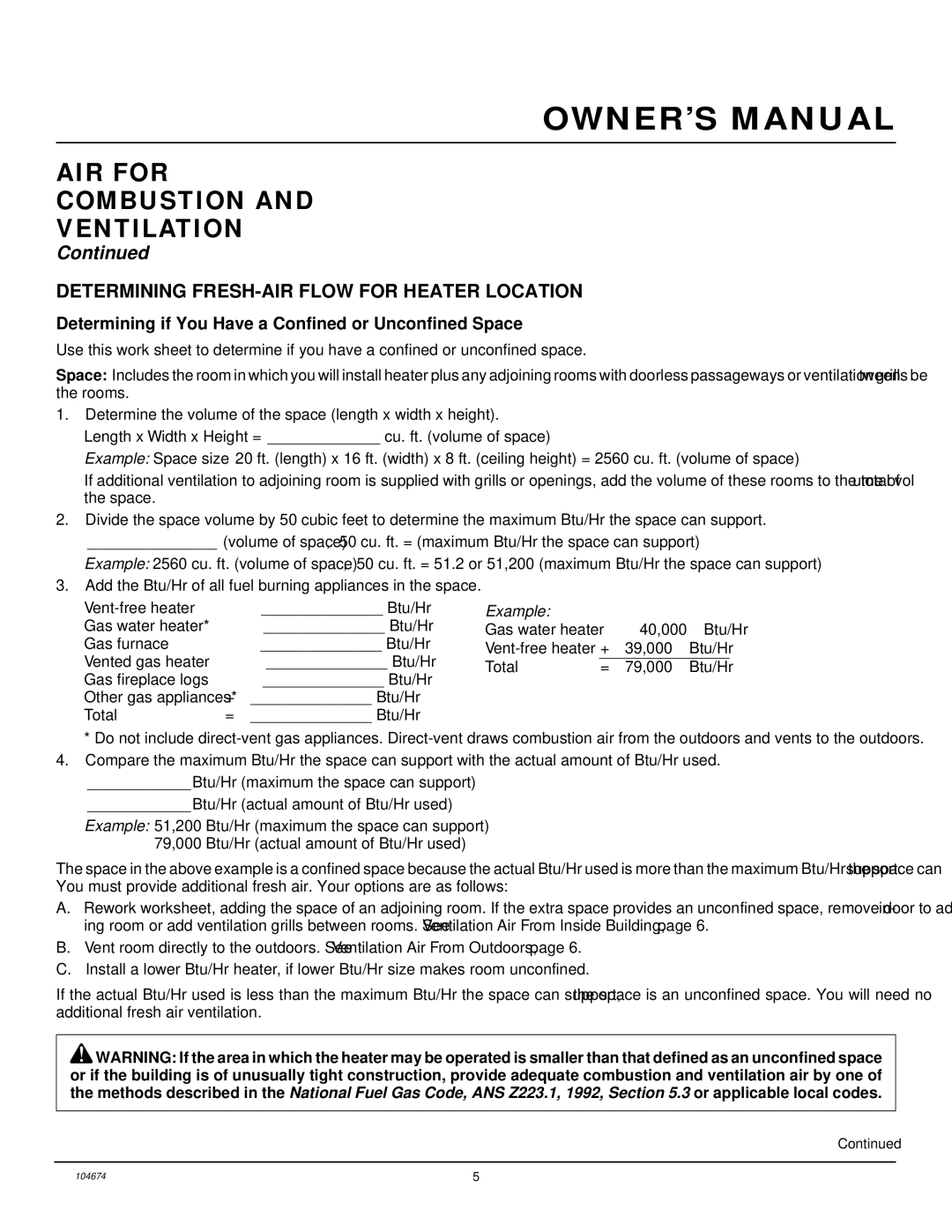 Desa VYM27NR installation manual AIR for Combustion Ventilation, Determining FRESH-AIR Flow for Heater Location 