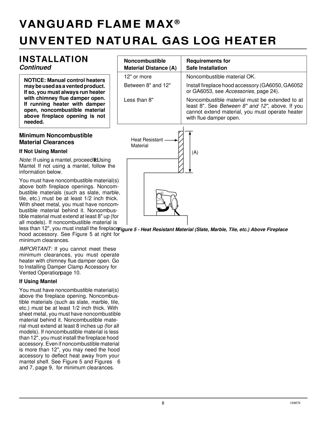 Desa VYM27NR installation manual Minimum Noncombustible Material Clearances, If Not Using Mantel, If Using Mantel 