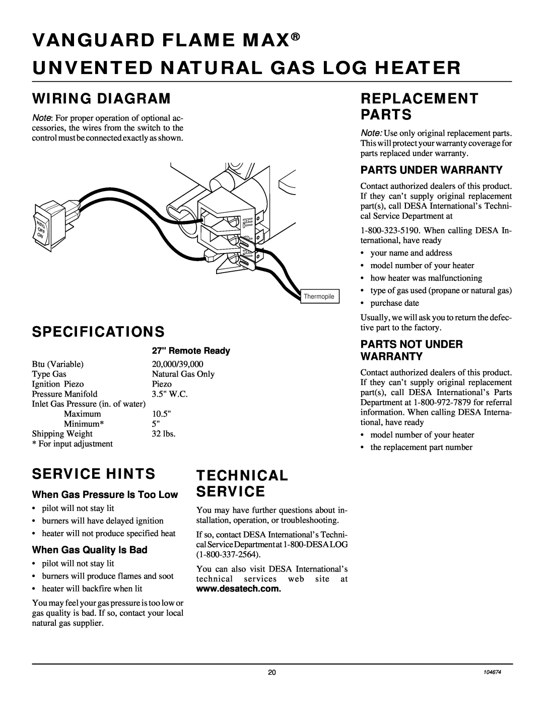 Desa VYM27NR Wiring Diagram, Replacement Parts, Specifications, Service Hints, Technical Service, Parts Under Warranty 