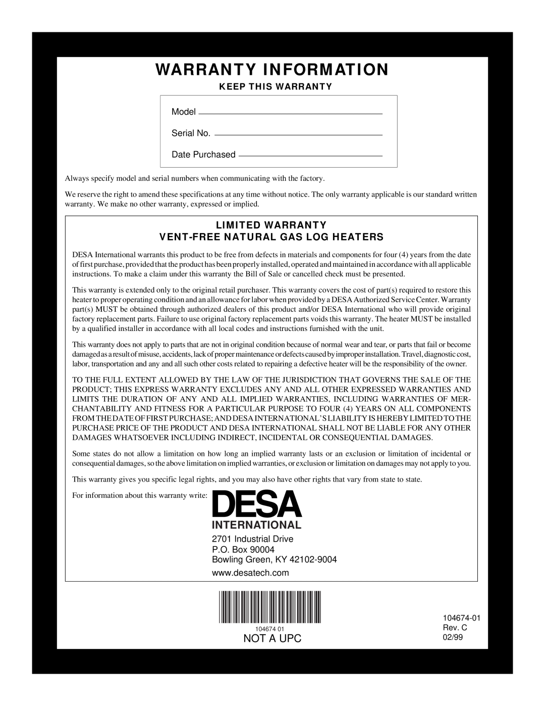 Desa VYM27NR International, Limited Warranty Vent-Freenatural Gas Log Heaters, Warranty Information, Not A Upc 