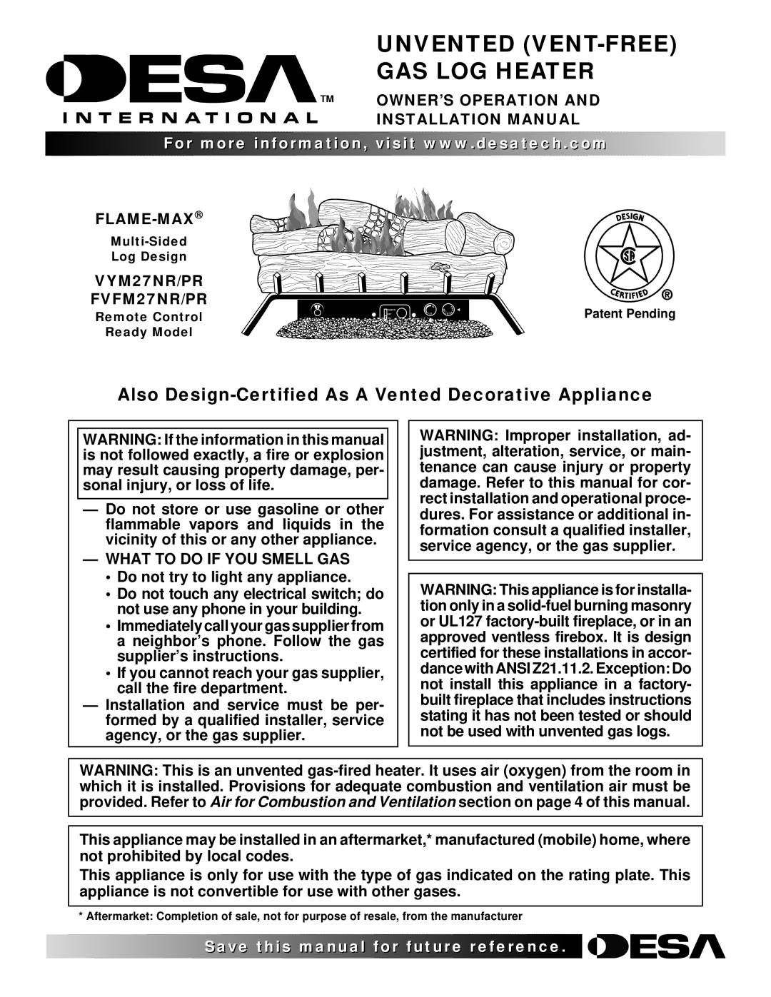 Desa VYM27NRPR installation manual OWNER’S Operation and Installation Manual, Flame-Max, VYM27NR/PR FVFM27NR/PR 