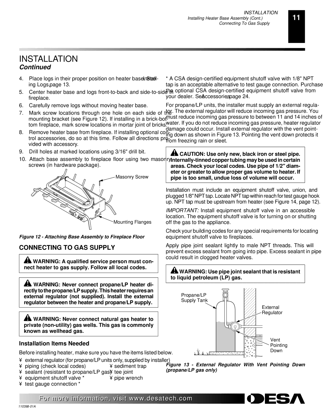 Desa VYM27NRPR installation manual Connecting to GAS Supply, Attaching Base Assembly to Fireplace Floor 