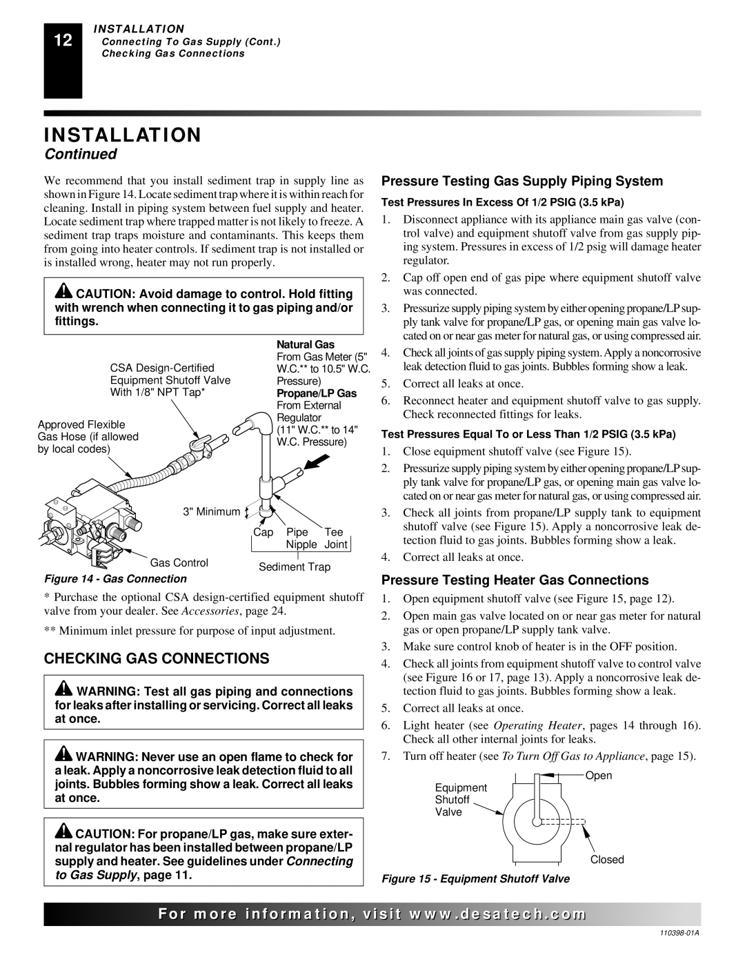 Desa VYM27NRPR installation manual Checking GAS Connections, Pressure Testing Gas Supply Piping System 