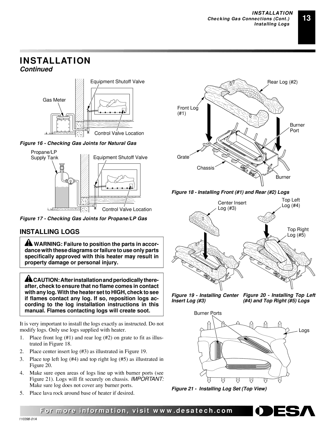 Desa VYM27NRPR installation manual Installing Logs, Checking Gas Joints for Natural Gas 