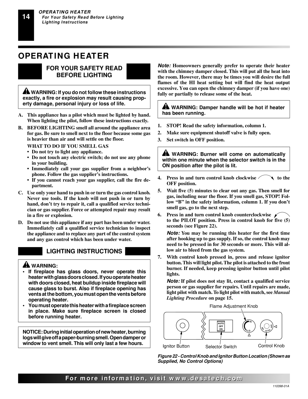 Desa VYM27NRPR installation manual Operating Heater, For Your Safety Read Before Lighting, Lighting Instructions 