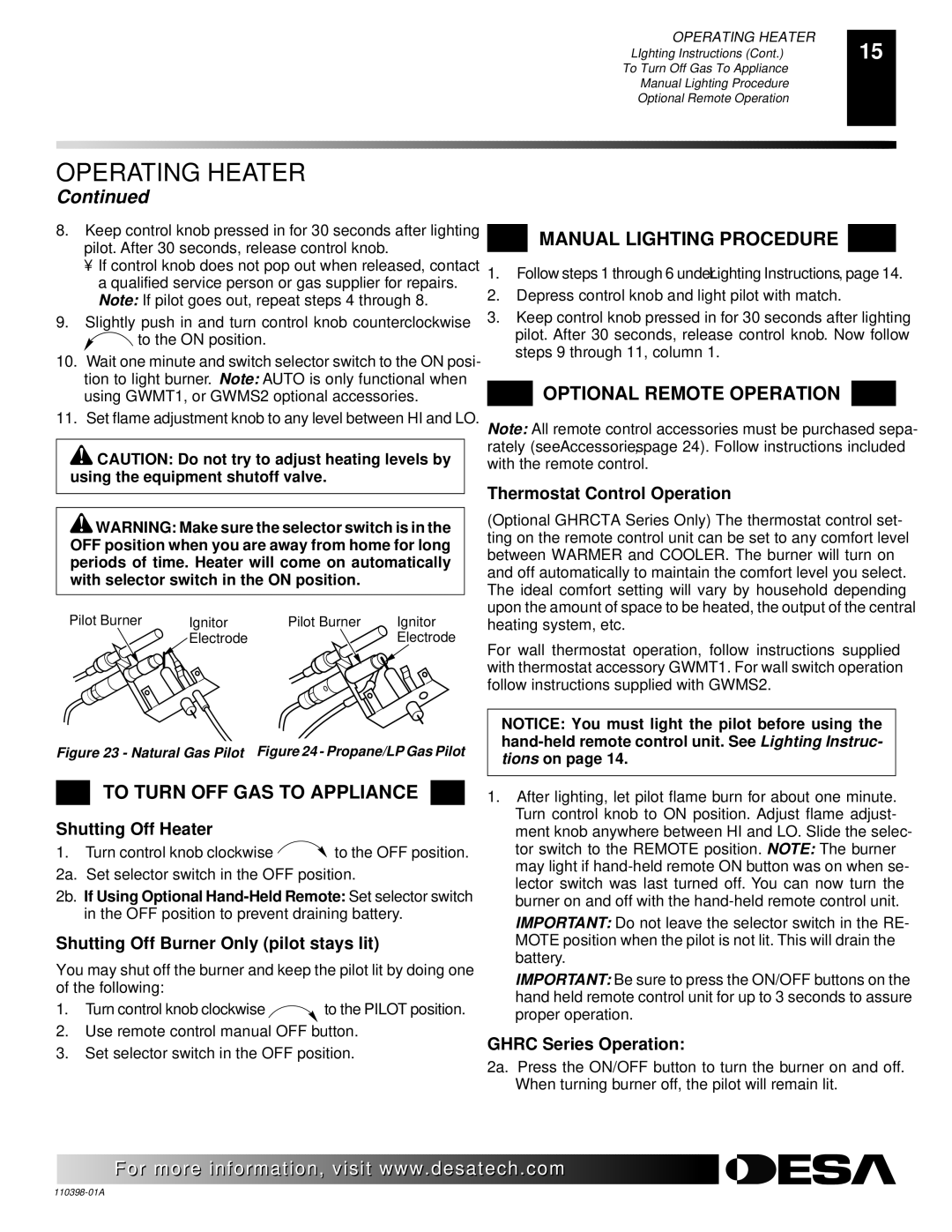 Desa VYM27NRPR installation manual To Turn OFF GAS to Appliance, Manual Lighting Procedure, Optional Remote Operation 