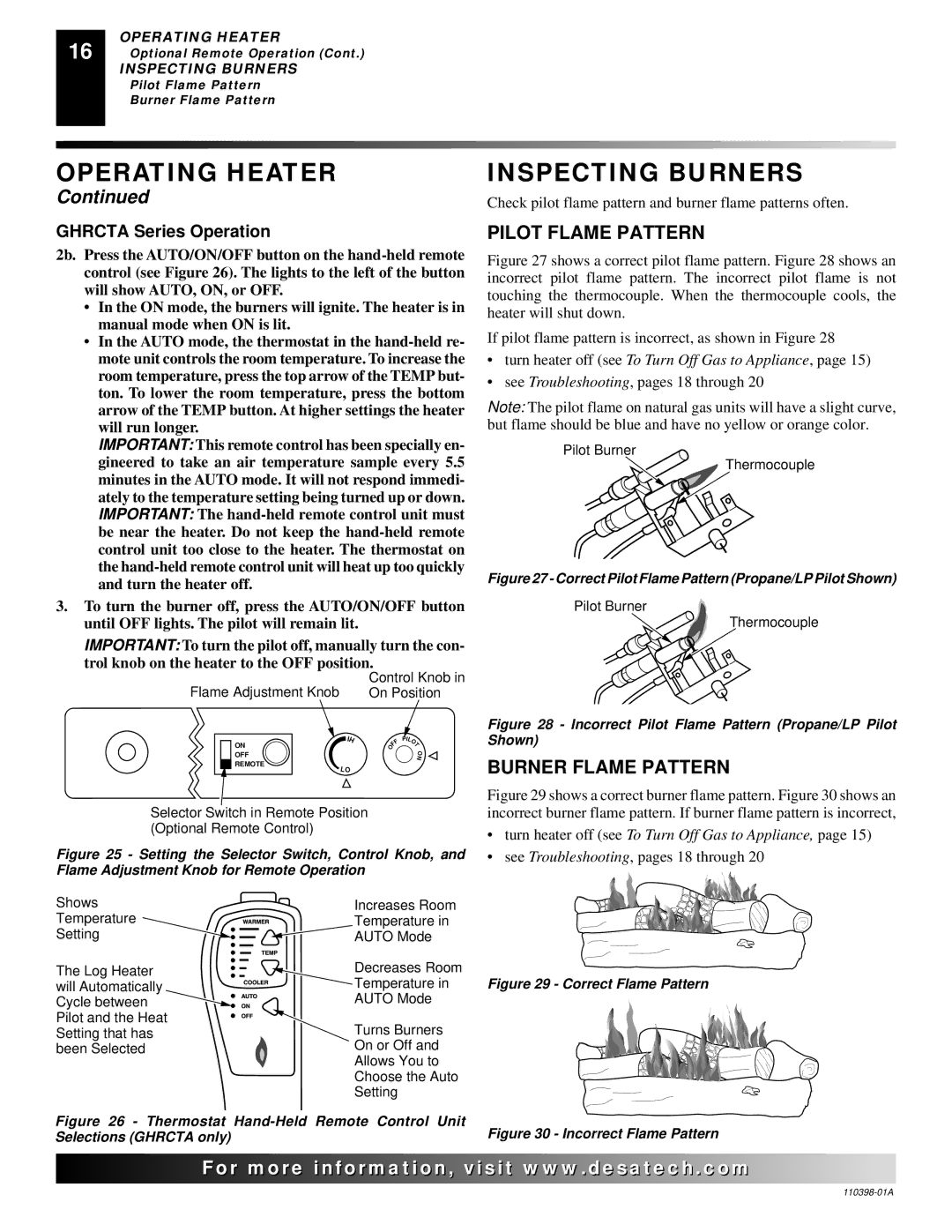 Desa VYM27NRPR installation manual Inspecting Burners, Pilot Flame Pattern, Burner Flame Pattern, Ghrcta Series Operation 