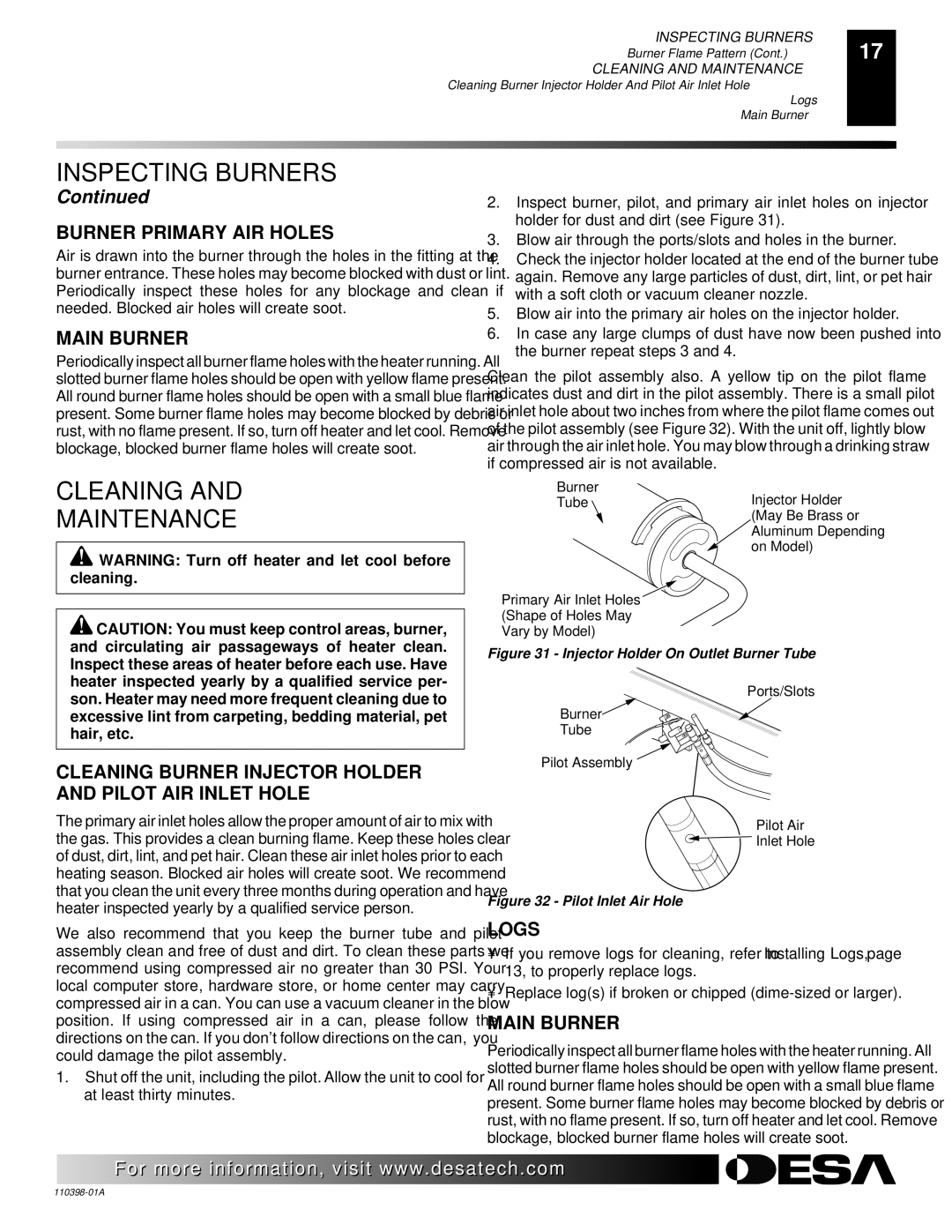 Desa VYM27NRPR installation manual Cleaning Maintenance, Burner Primary AIR Holes, Main Burner, Logs 