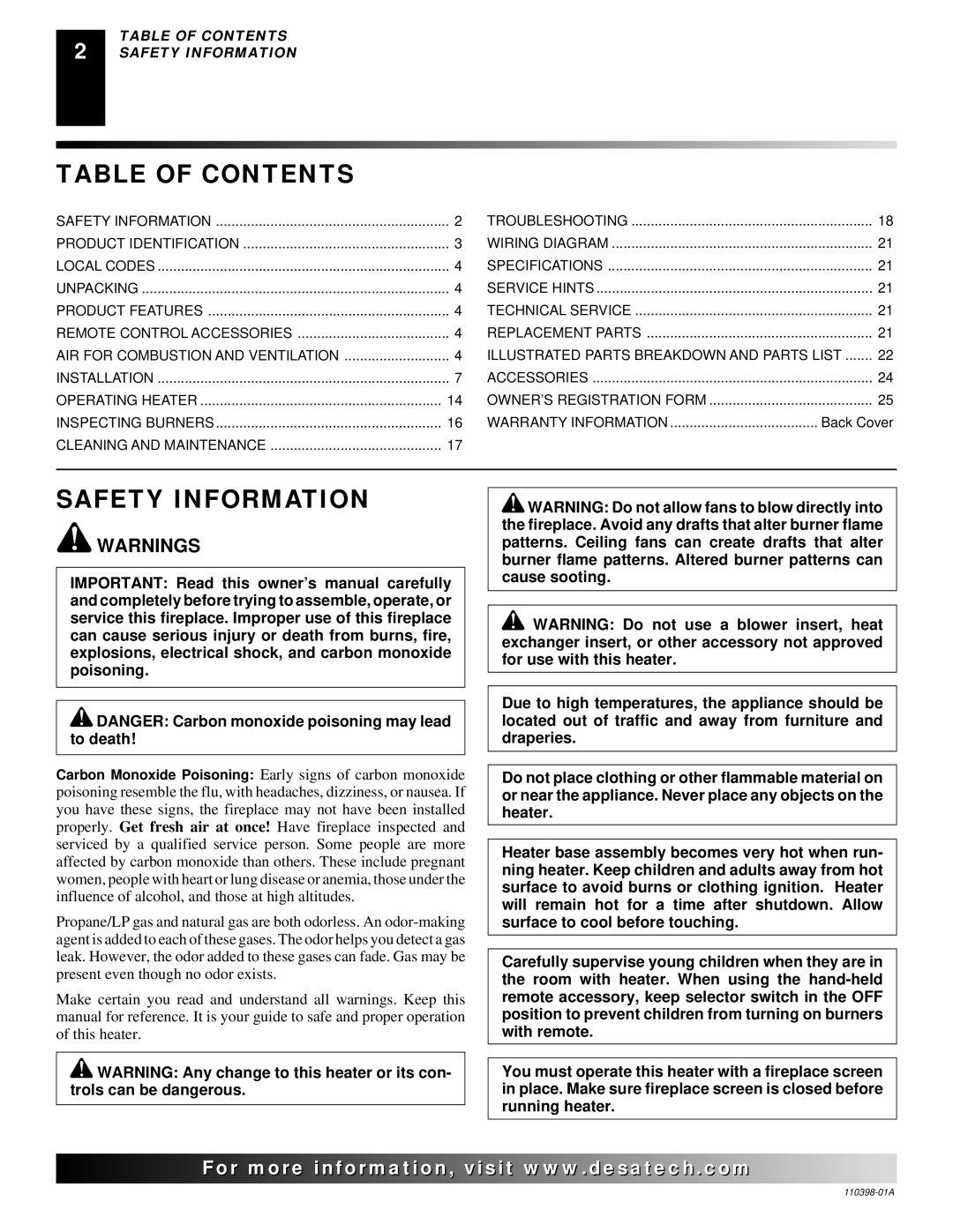 Desa VYM27NRPR installation manual Table of Contents, Safety Information 