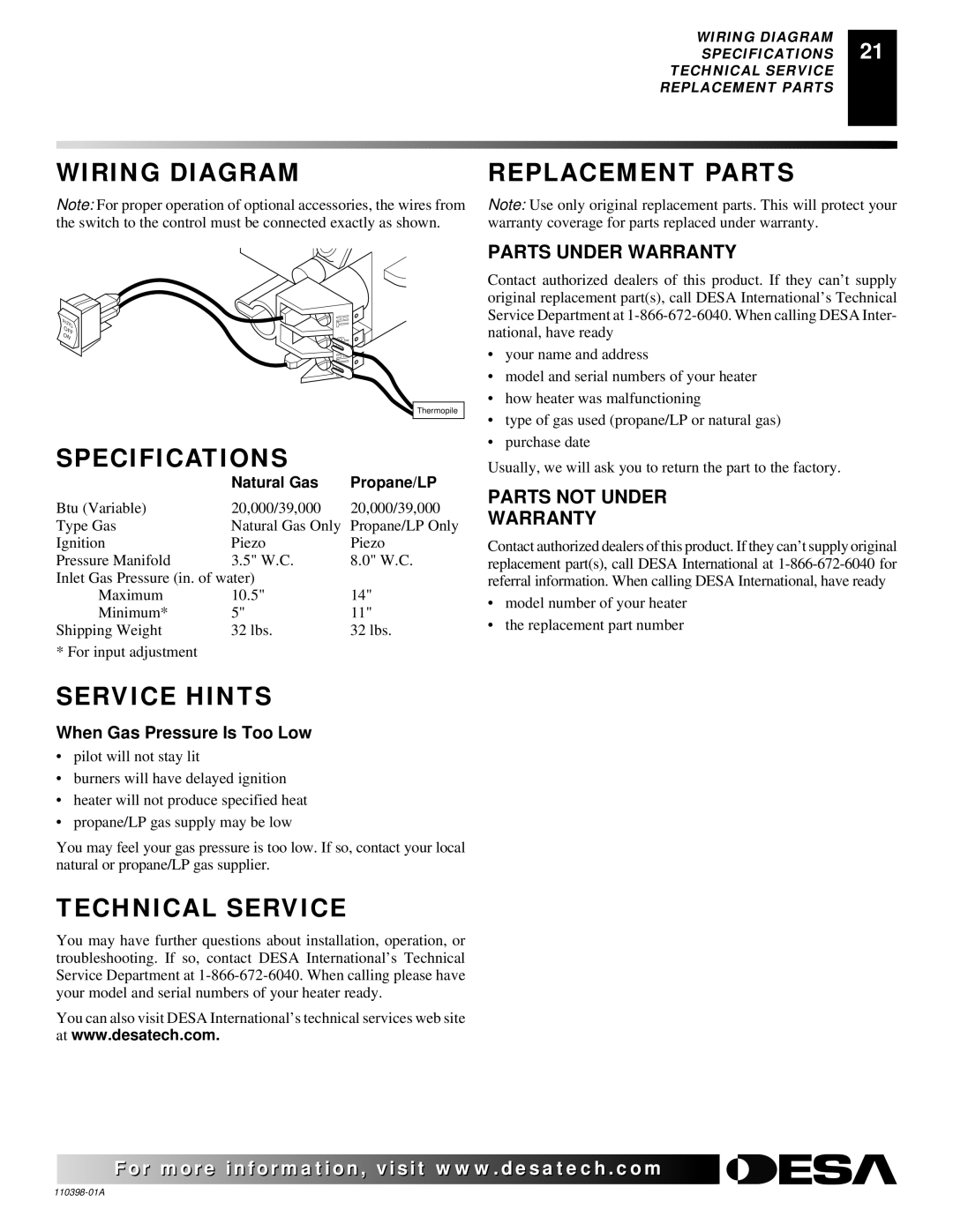 Desa VYM27NRPR installation manual Wiring Diagram, Specifications, Service Hints, Technical Service, Replacement Parts 