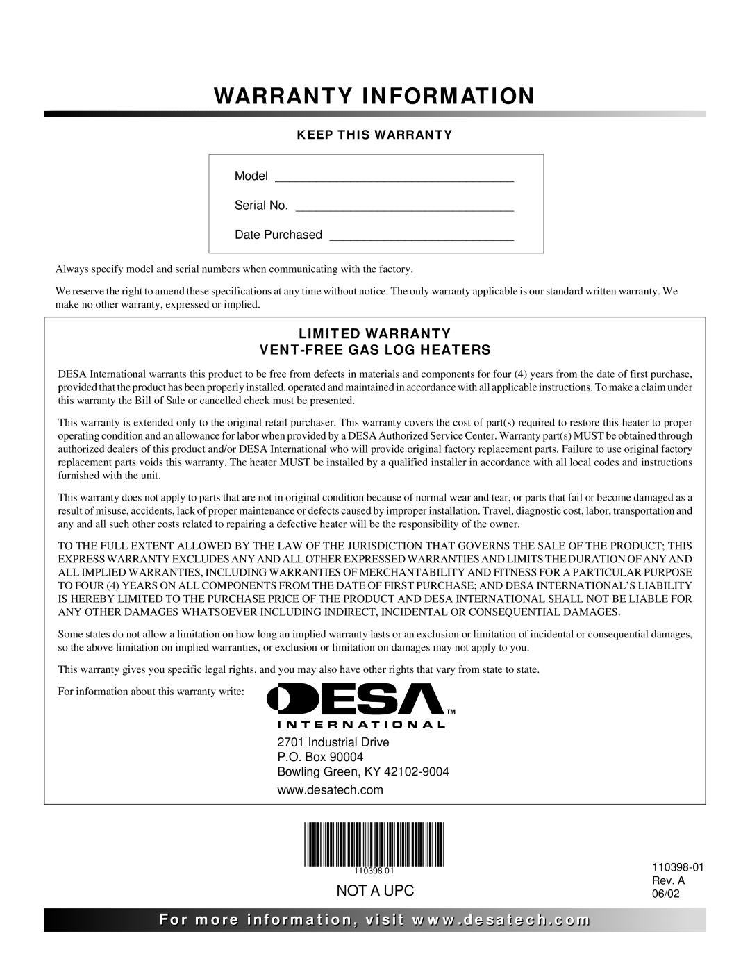 Desa VYM27NRPR installation manual Warranty Information 