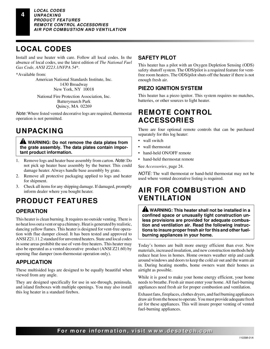 Desa VYM27NRPR Local Codes, Unpacking, Product Features, Remote Control Accessories, AIR for Combustion and Ventilation 