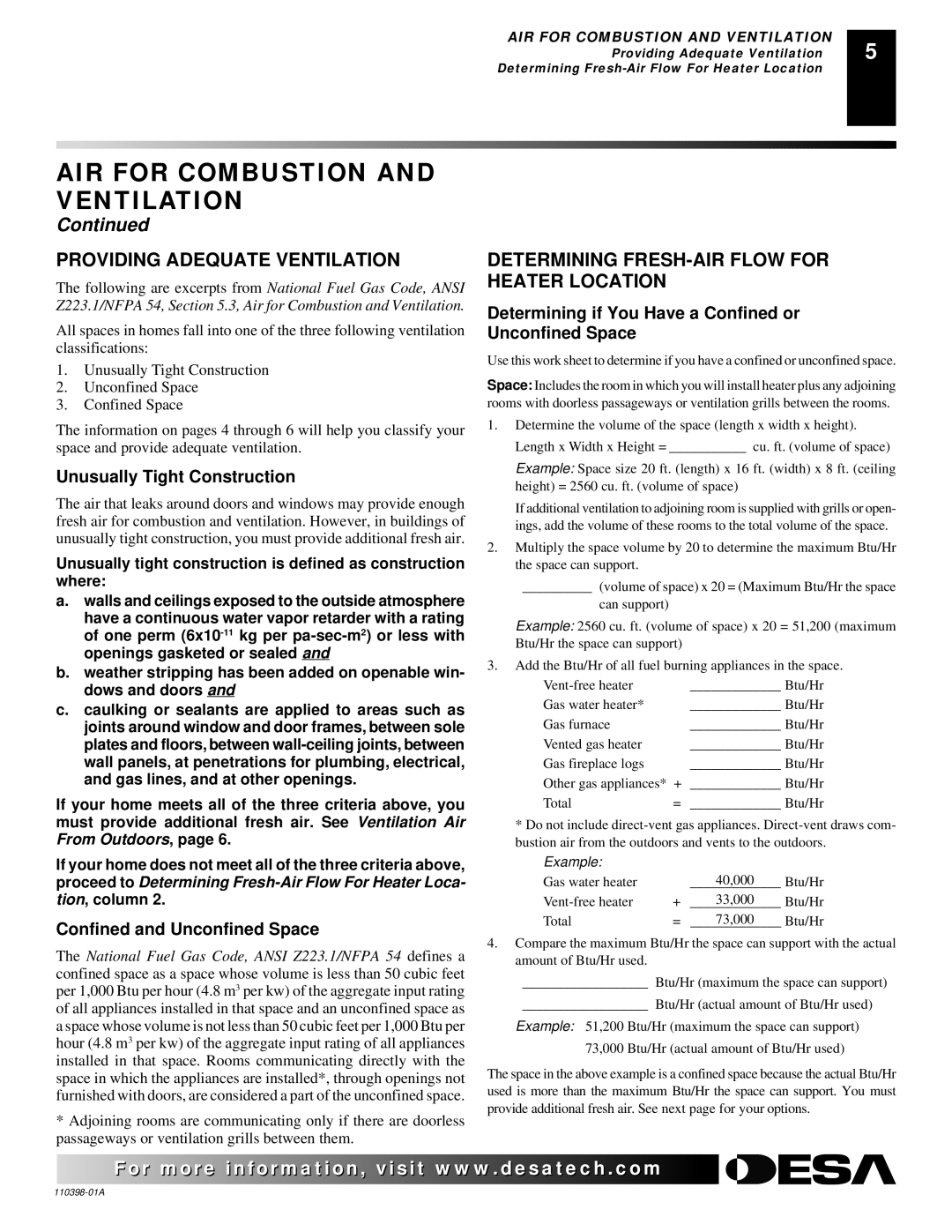 Desa VYM27NRPR installation manual Providing Adequate Ventilation, Determining FRESH-AIR Flow for Heater Location 