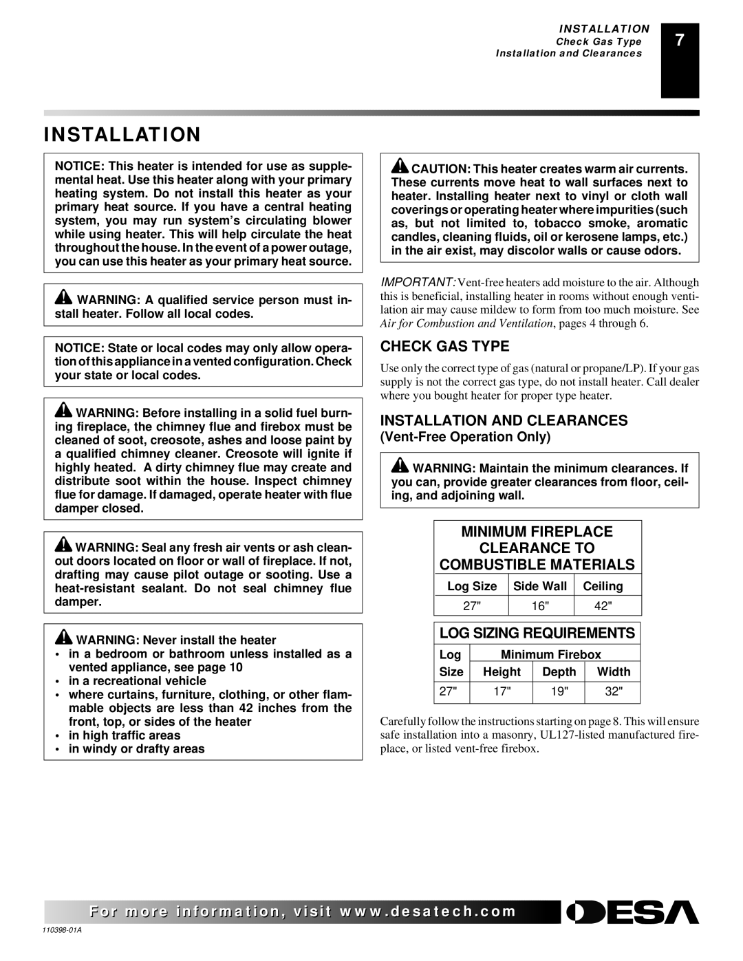 Desa VYM27NRPR Check GAS Type, Installation and Clearances, Minimum Fireplace Clearance to Combustible Materials 