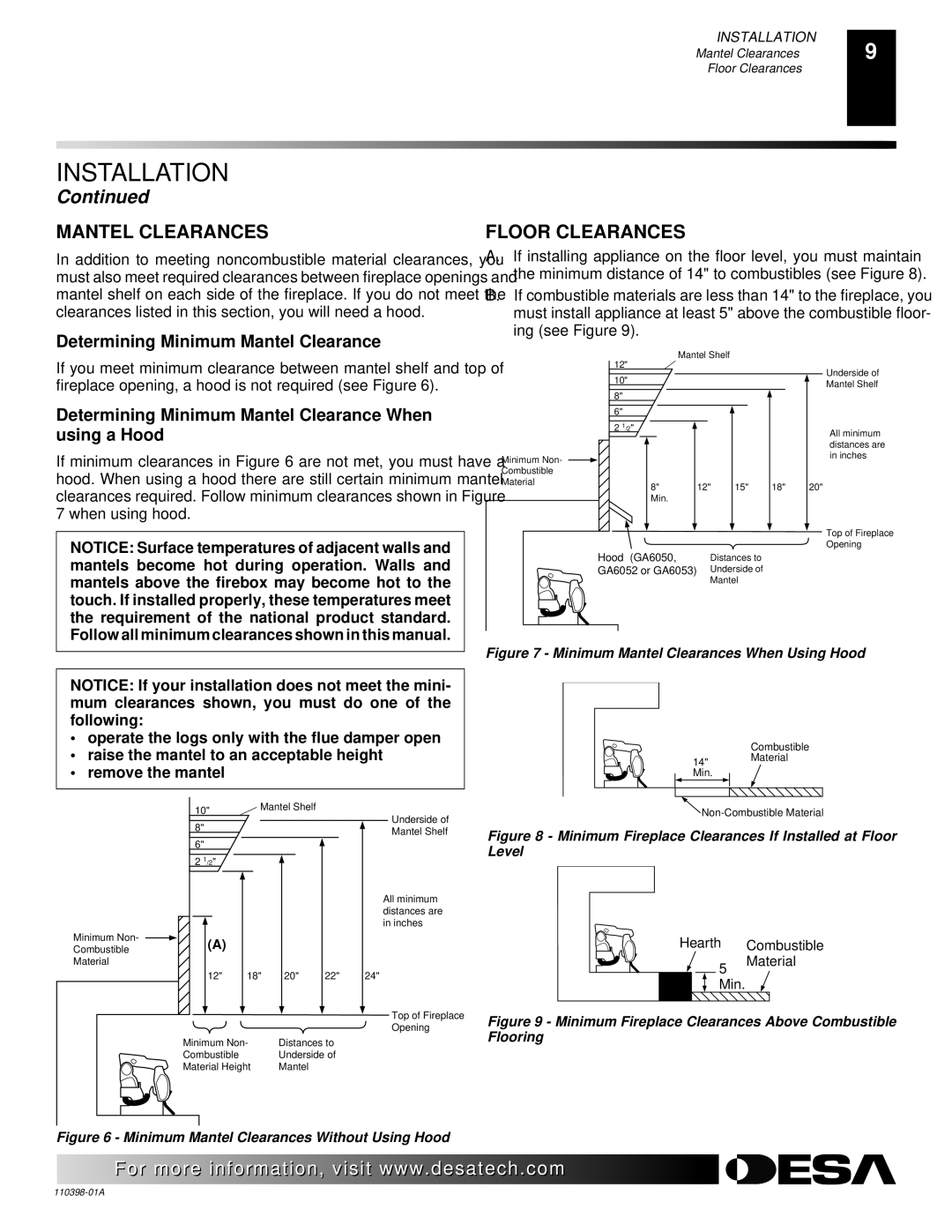 Desa VYM27NRPR installation manual Mantel Clearances, Floor Clearances, Determining Minimum Mantel Clearance 